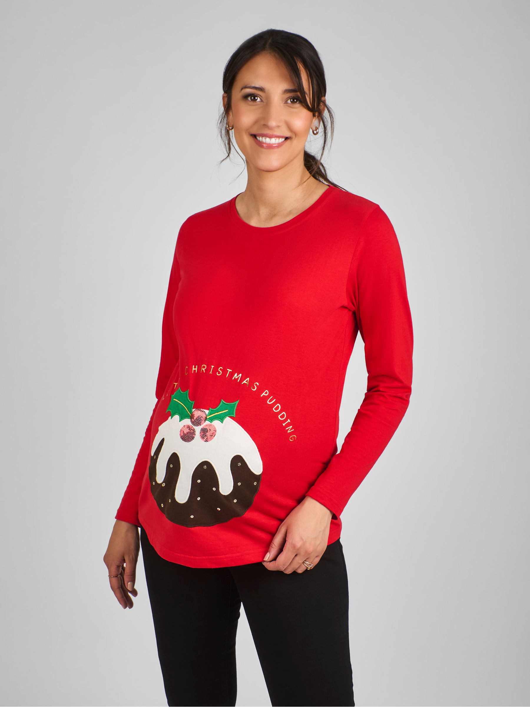 Red Maternity Christmas Pudding Cotton Top - Image 1 of 4