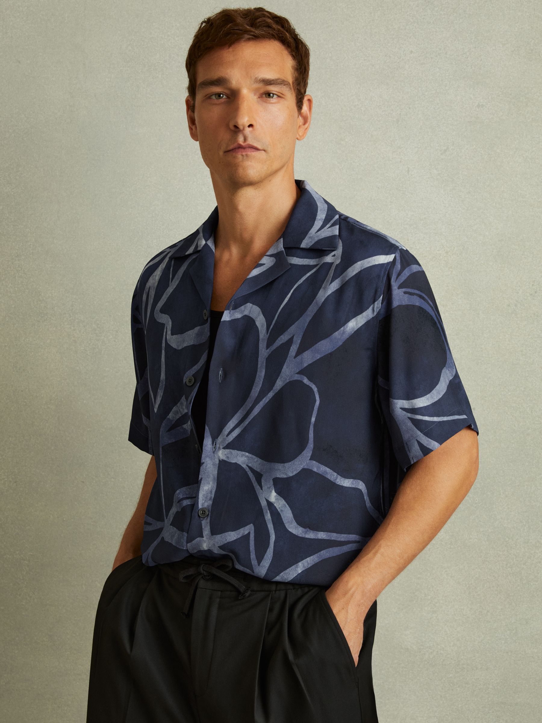Relaxed Printed Cuban Collar Shirt in Indigo Blue - Image 1 of 5