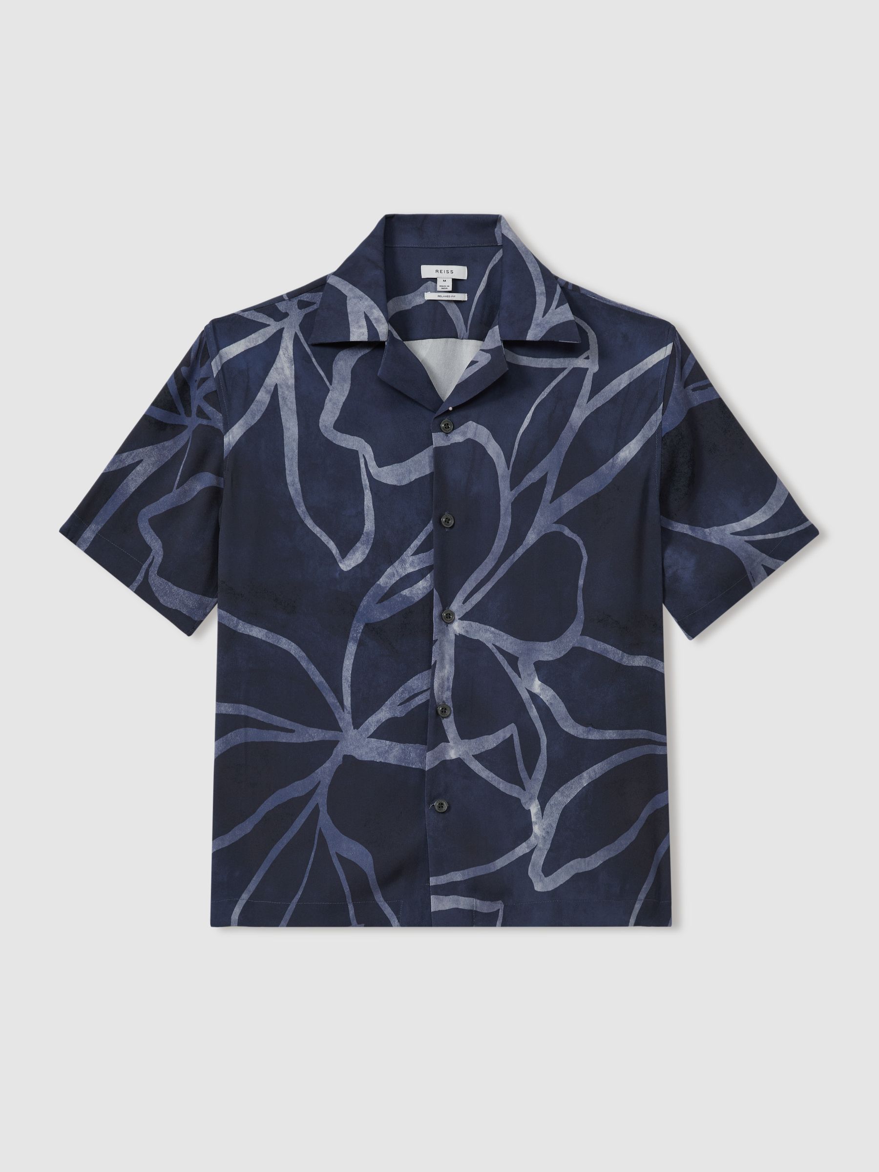 Relaxed Printed Cuban Collar Shirt in Indigo Blue - Image 2 of 5 Relaxed Printed Cuban Collar Shirt in Indigo Blue - Image 2 of 5