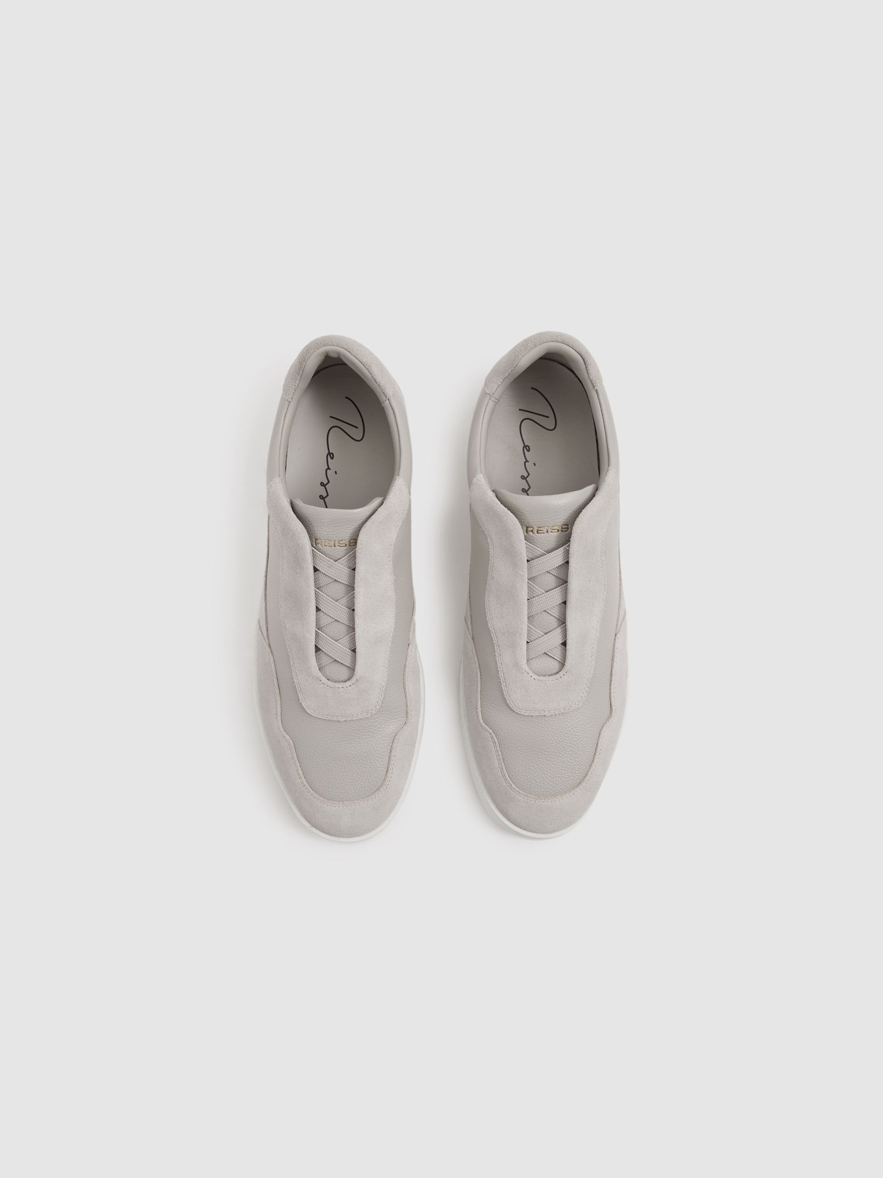 Grained Leather Elasticated Lace Trainers in Grey - Image 3 of 5
