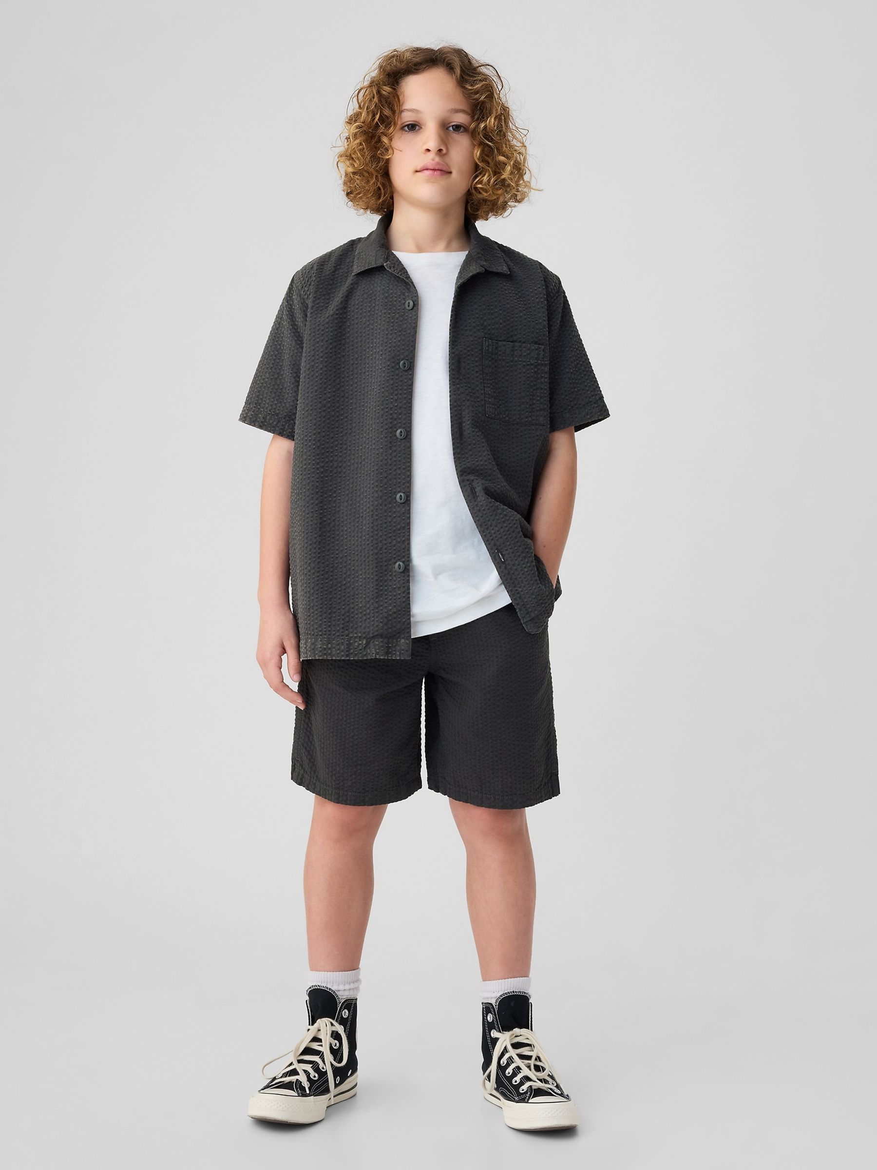 Grey Cotton Textured Easy Pull On Shorts (4-13yrs) - Image 3 of 5