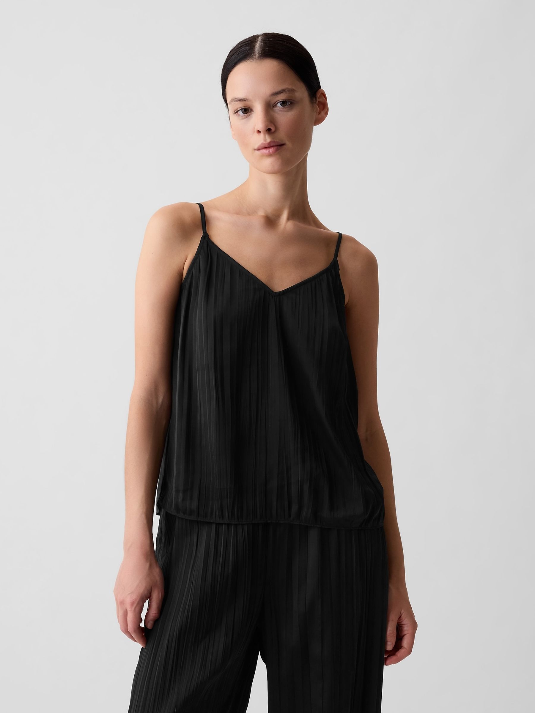 Black Pleated Satin Camisole - Image 1 of 5
