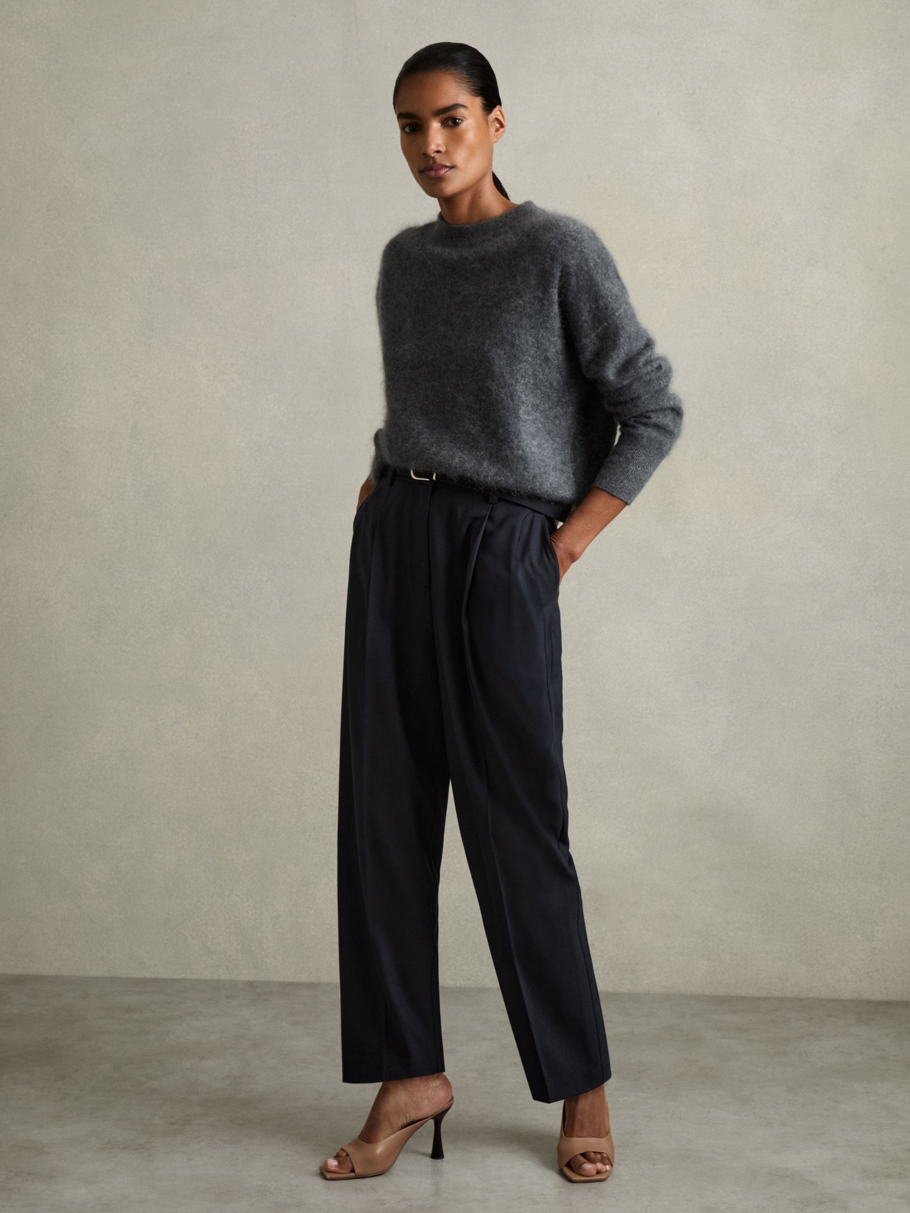 Tapered Belted Trousers in Navy - Image 1 of 6