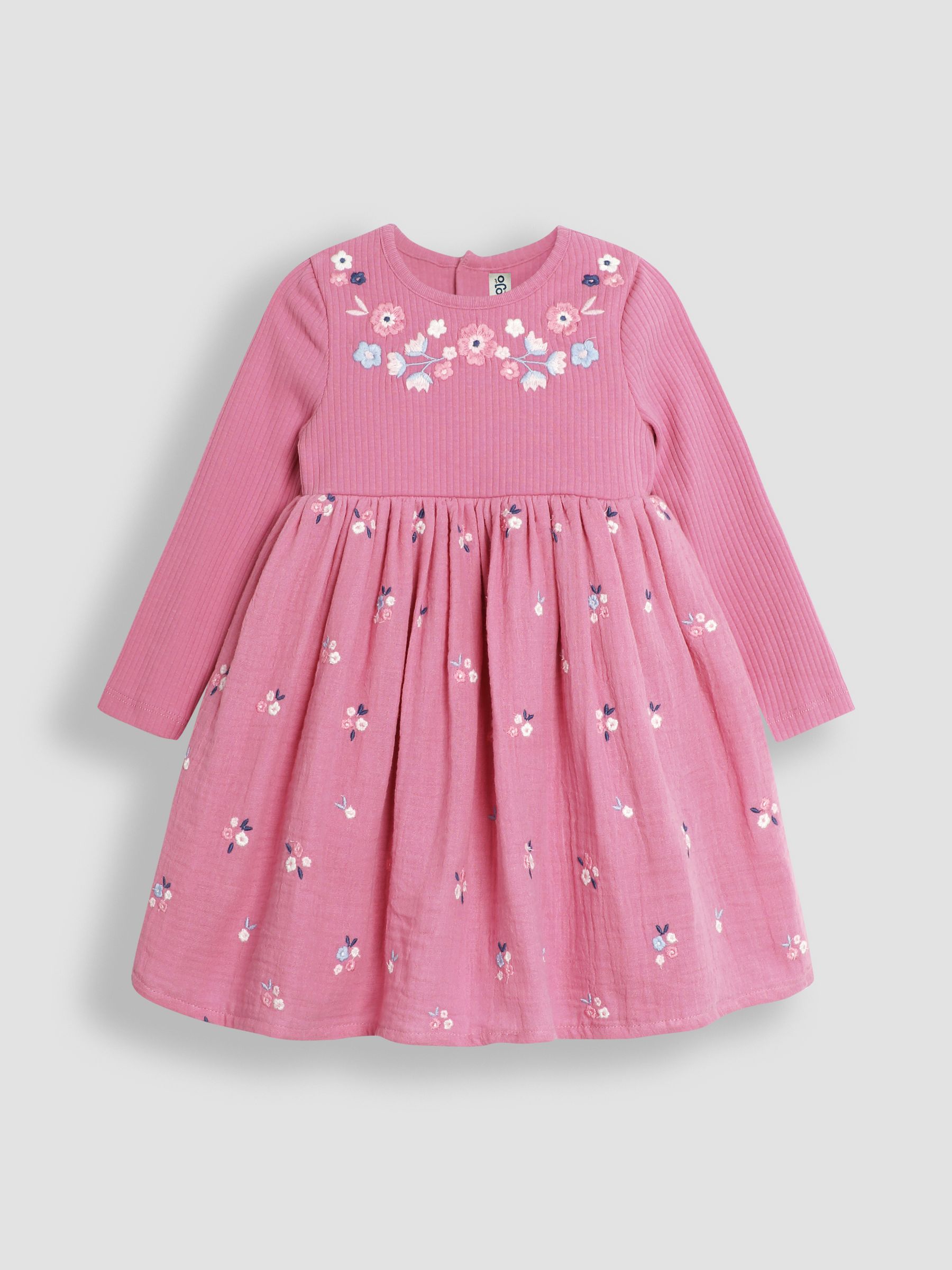 Rose Pink Floral Embroidered Rib Cheesecloth Dress - Image 1 of 3