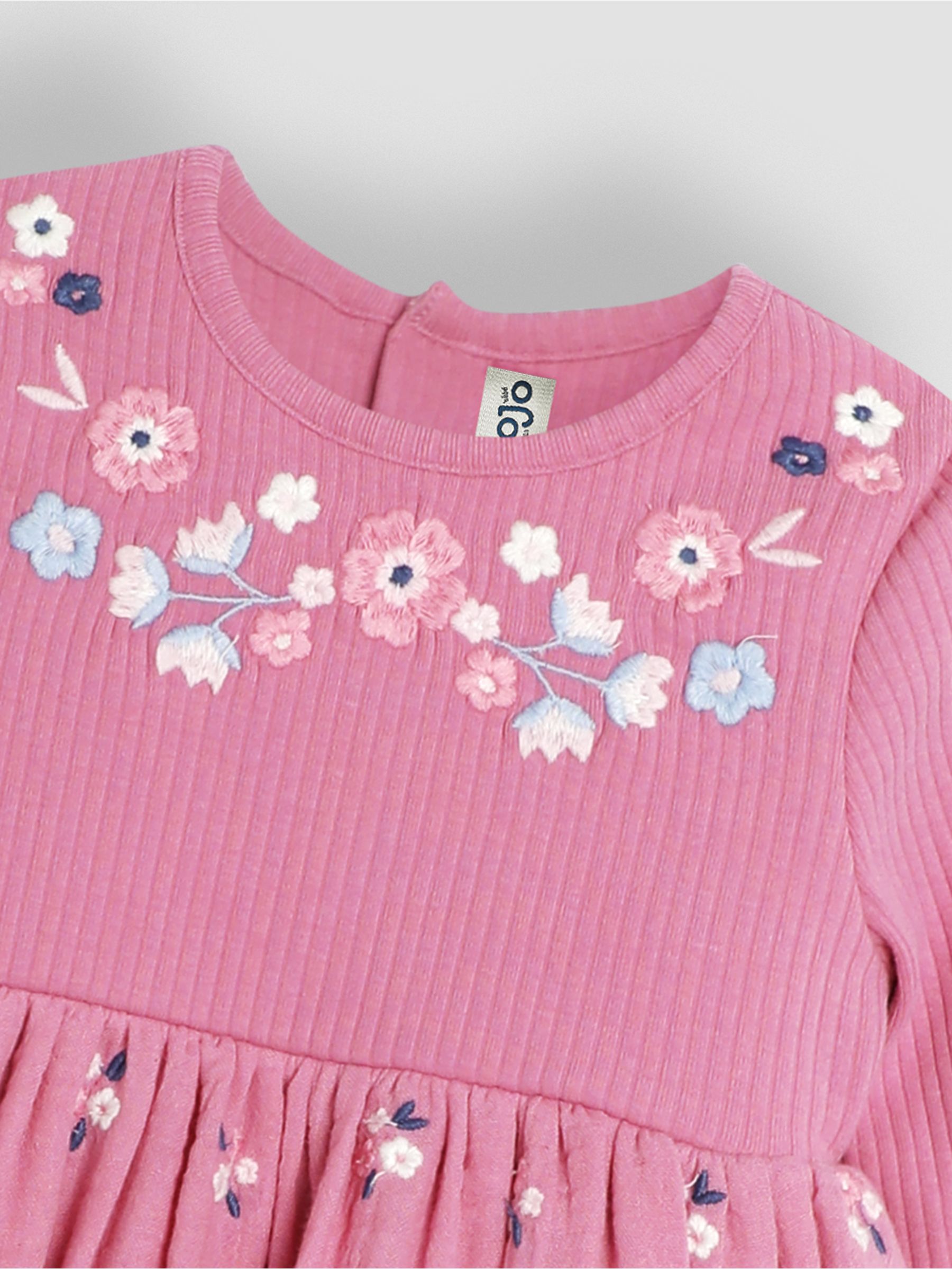 Rose Pink Floral Embroidered Rib Cheesecloth Dress - Image 3 of 3