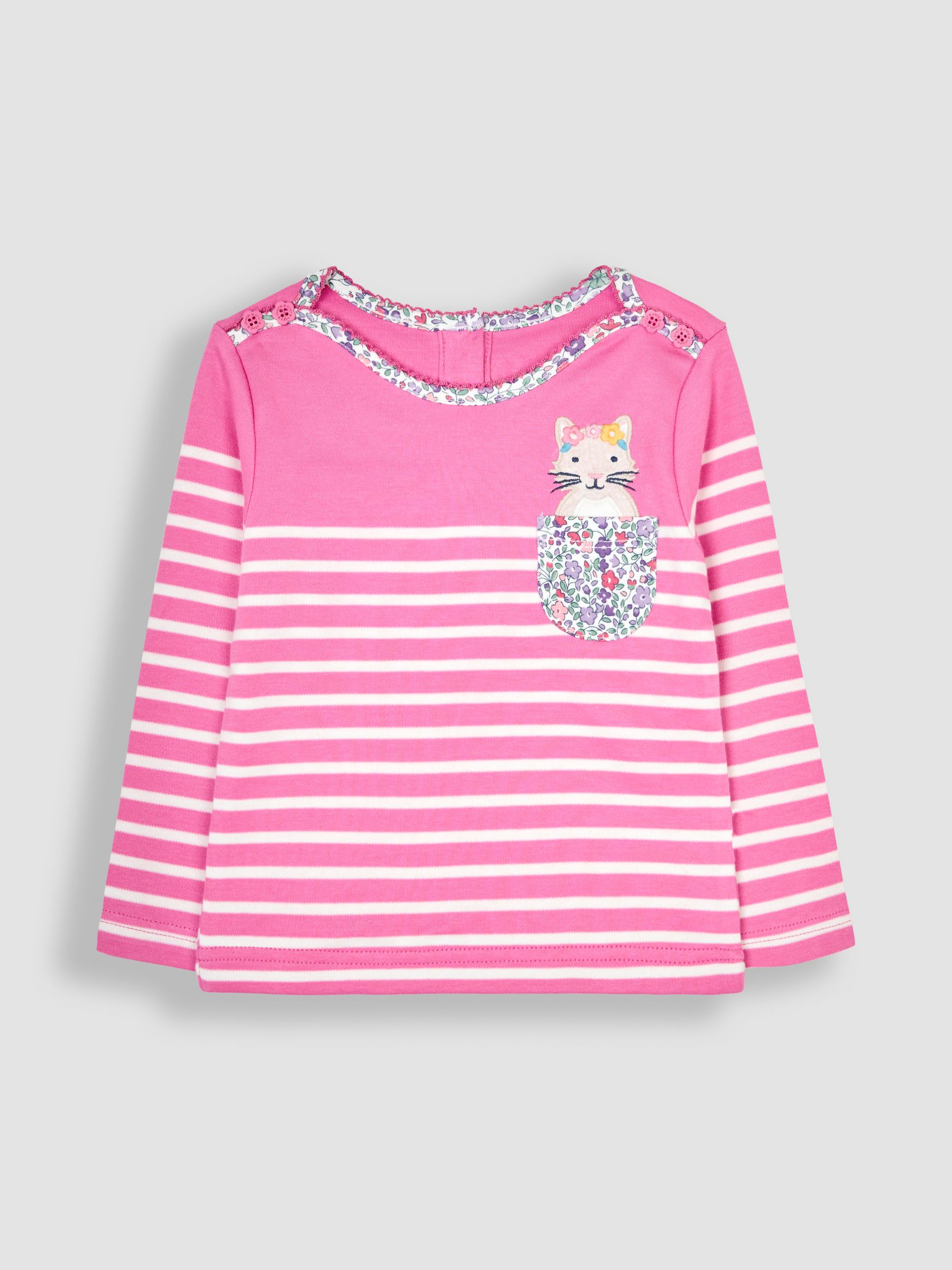 Fuchsia Pink Cat Cotton Long Sleeve Pocket Breton Top - Image 1 of 3