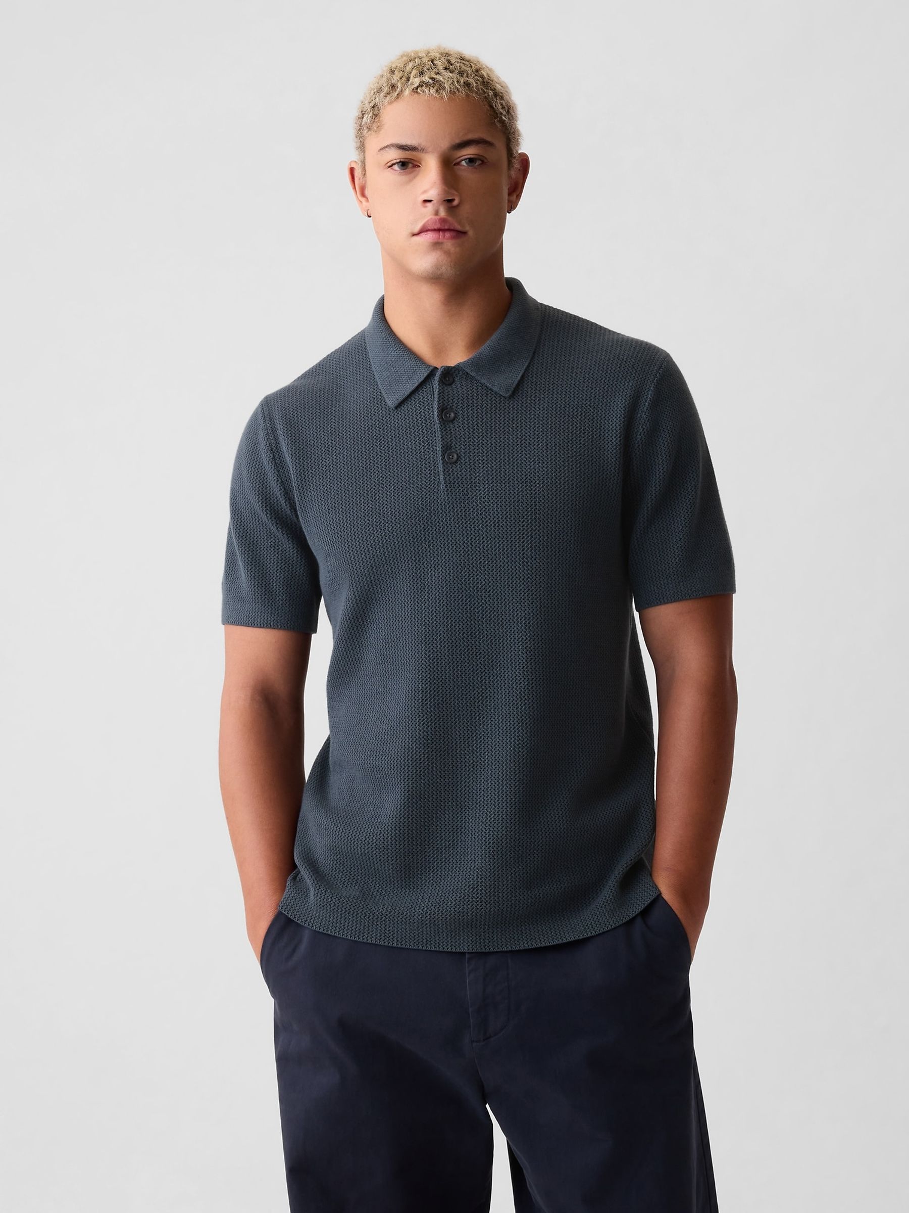 Blue Cotton Textured Short Sleeve Polo Shirt - Image 1 of 4 Blue Cotton Textured Short Sleeve Polo Shirt - Image 1 of 4