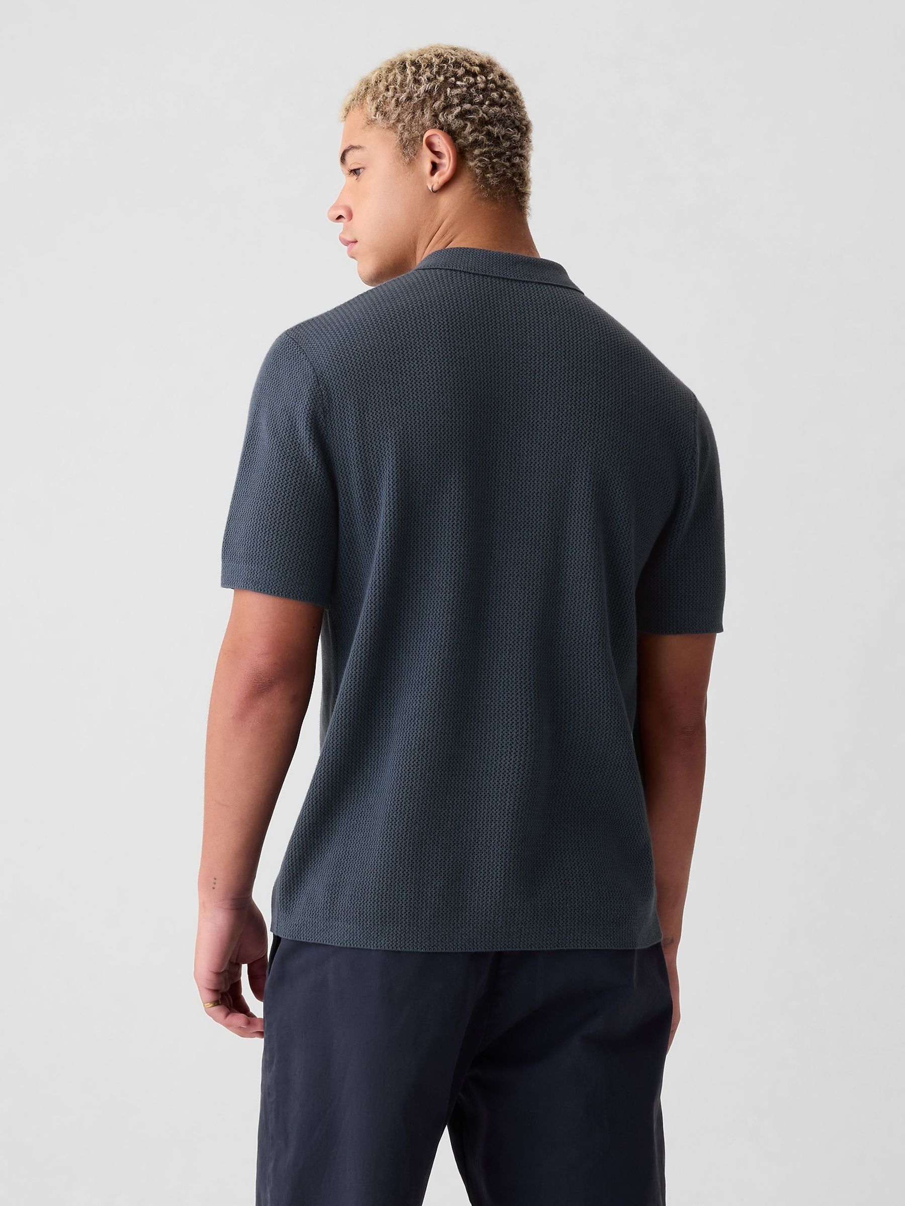 Blue Cotton Textured Short Sleeve Polo Shirt - Image 2 of 4 Blue Cotton Textured Short Sleeve Polo Shirt - Image 2 of 4