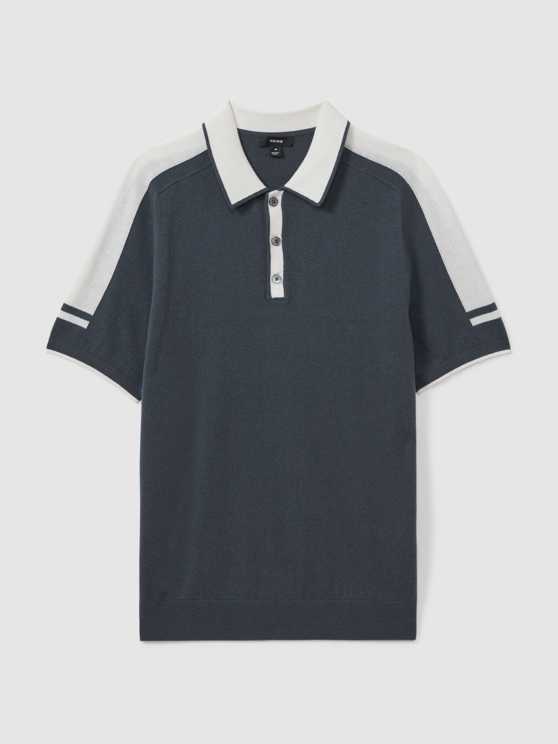 Wool-Cotton Contrast Polo Shirt in Steel Blue/ Off White - Image 2 of 6