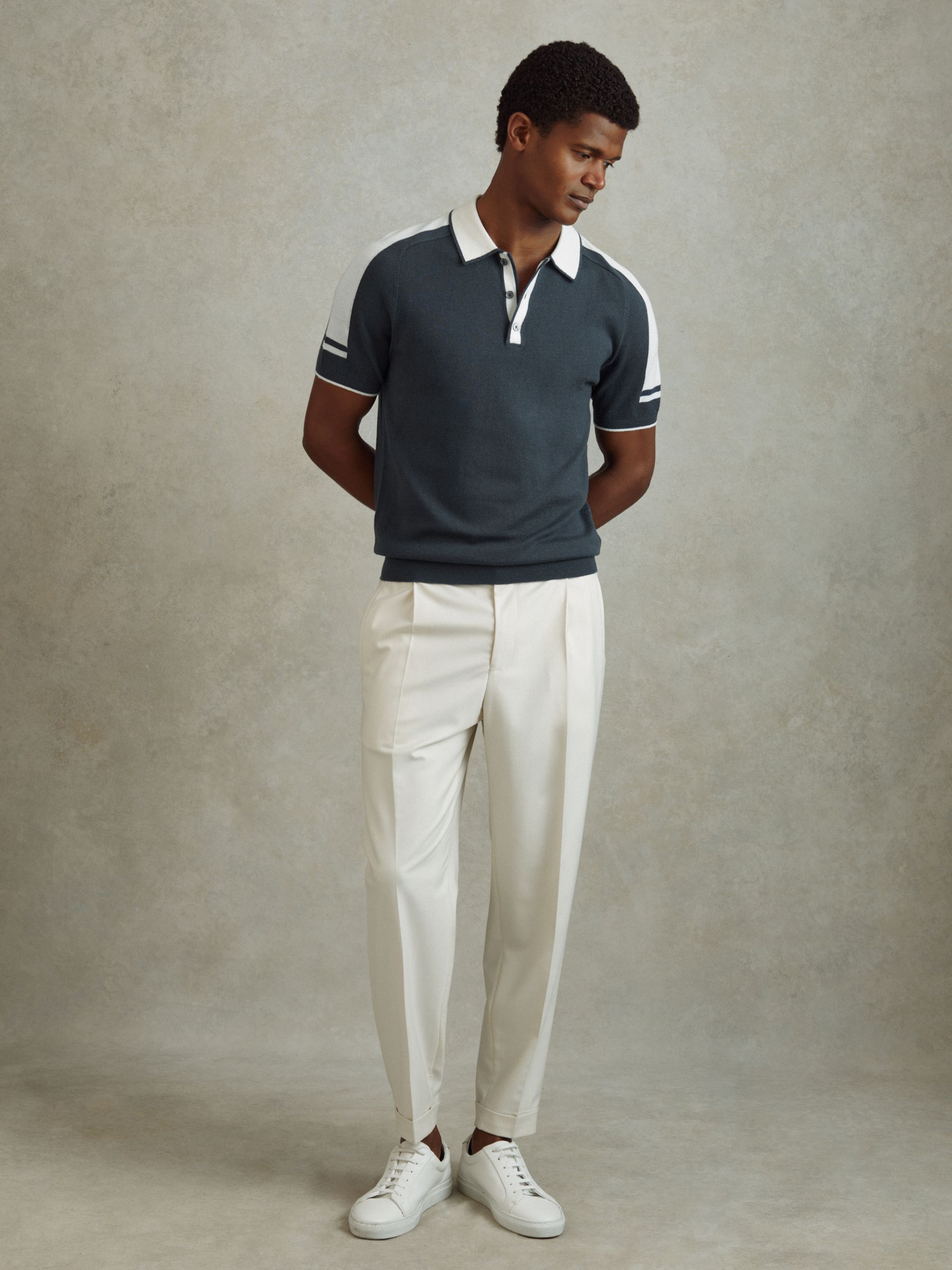Wool-Cotton Contrast Polo Shirt in Steel Blue/ Off White - Image 3 of 6
