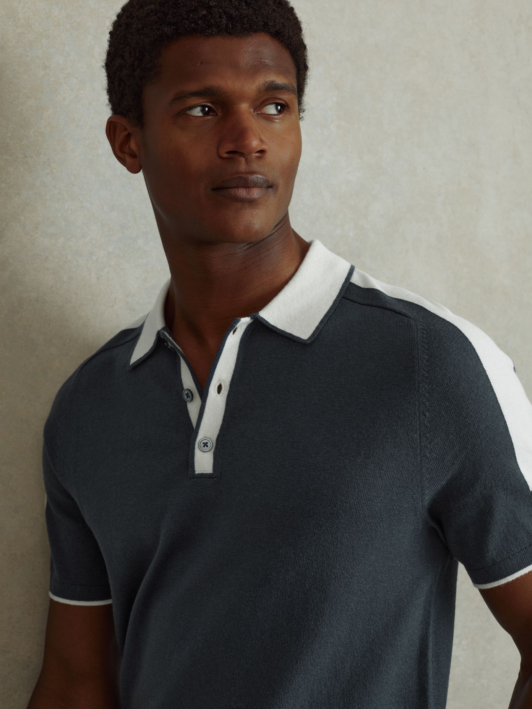 Wool-Cotton Contrast Polo Shirt in Steel Blue/ Off White - Image 4 of 6