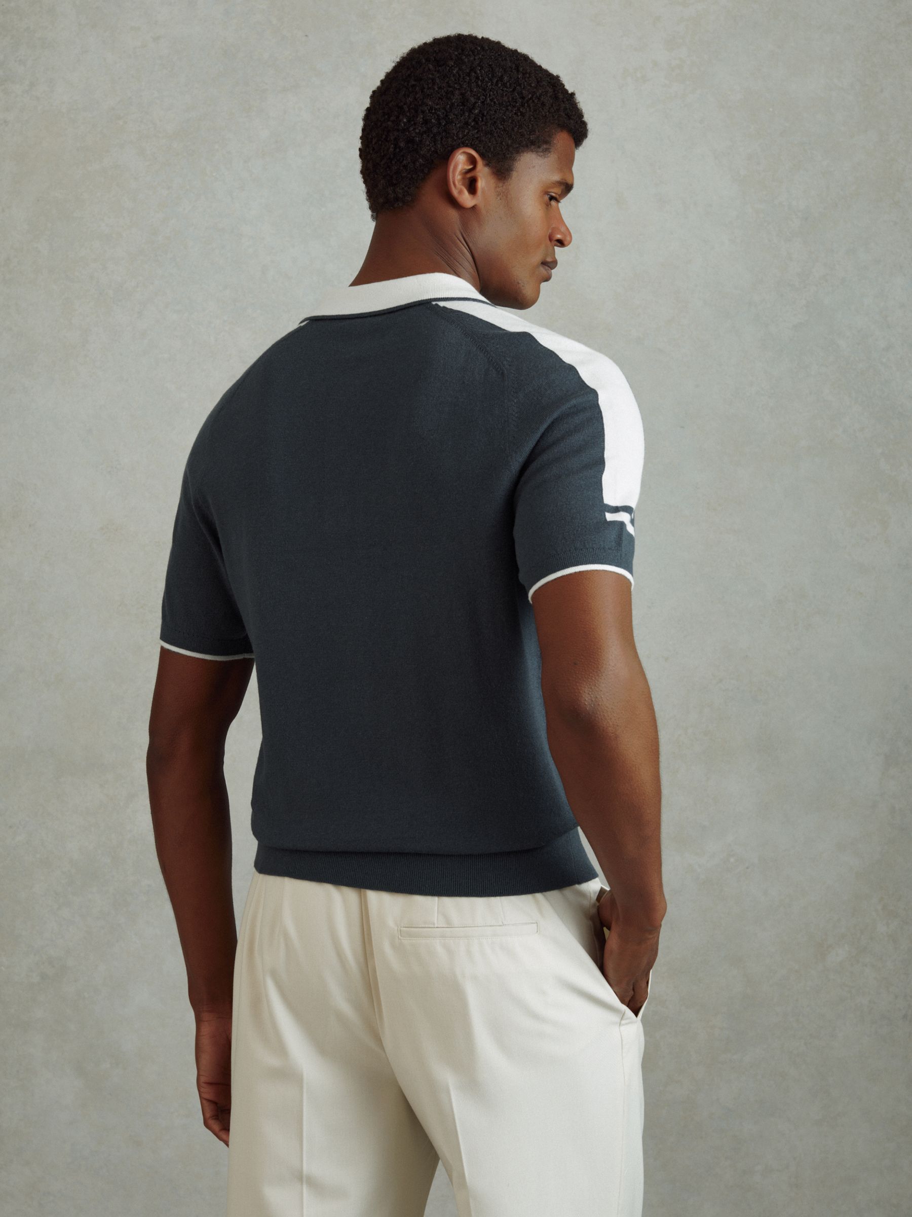 Wool-Cotton Contrast Polo Shirt in Steel Blue/ Off White - Image 5 of 6