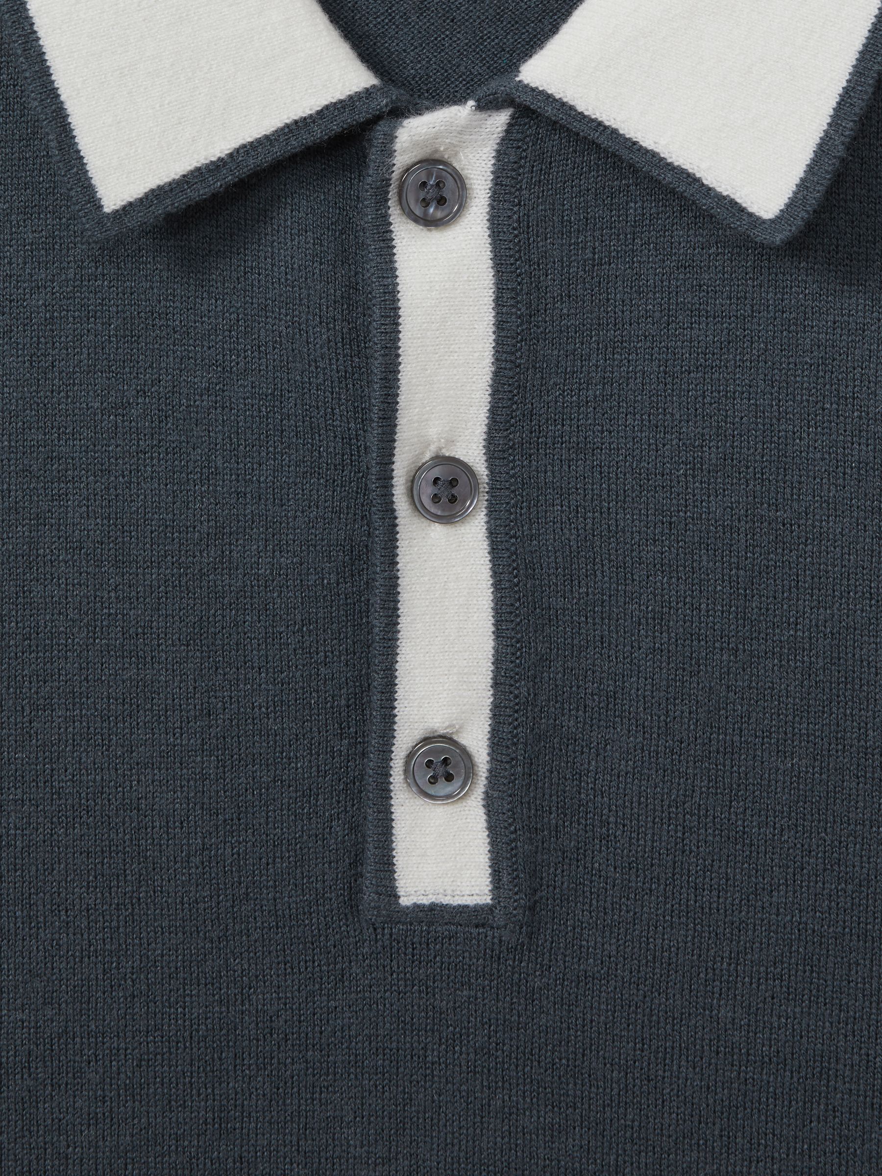 Wool-Cotton Contrast Polo Shirt in Steel Blue/ Off White - Image 6 of 6