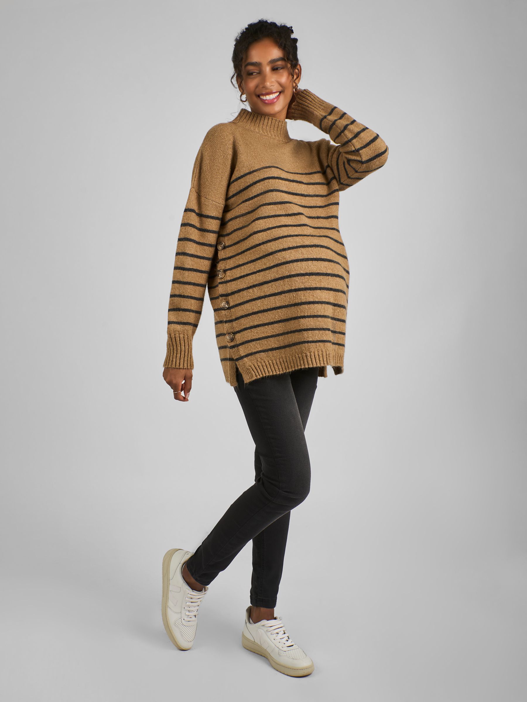Camel Brown Stripe Turtle Neck Maternity & Nursing Jumper - Image 3 of 4