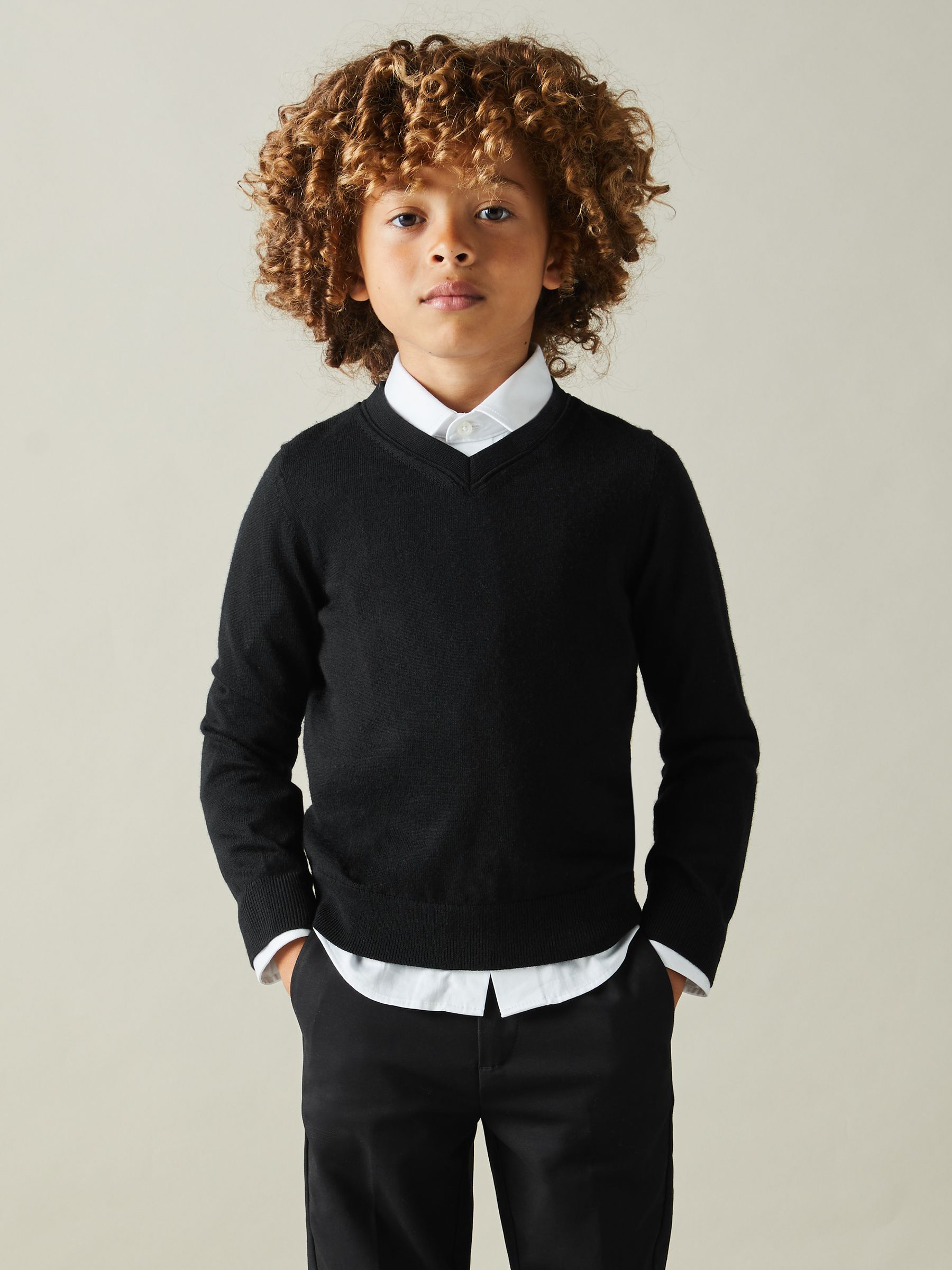 3-9 yrs Merino Wool V-Neck Jumper in Black - Image 1 of 4