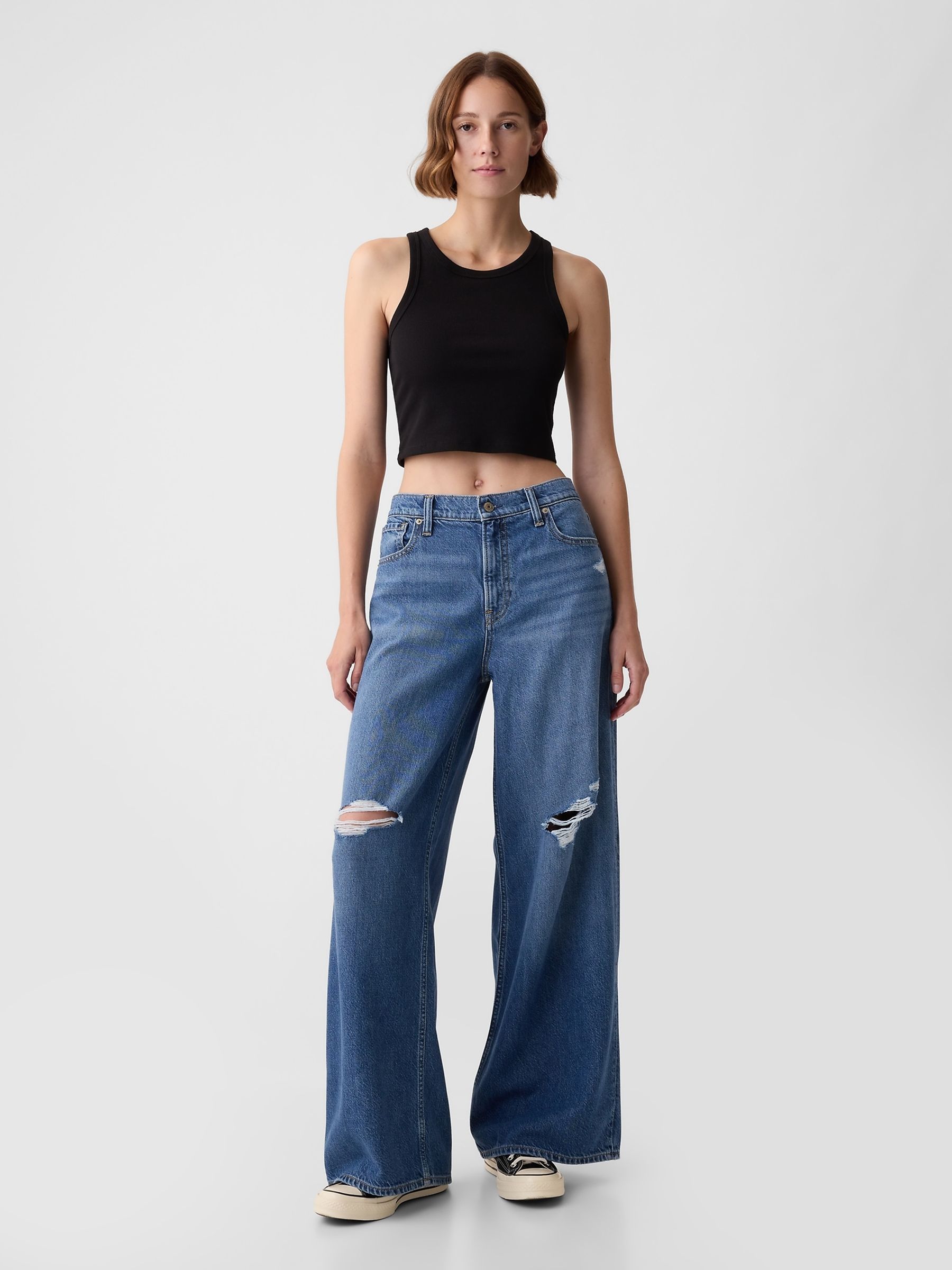 Blue Distressed Knee Mid Rise Soft Baggy Jeans Gap