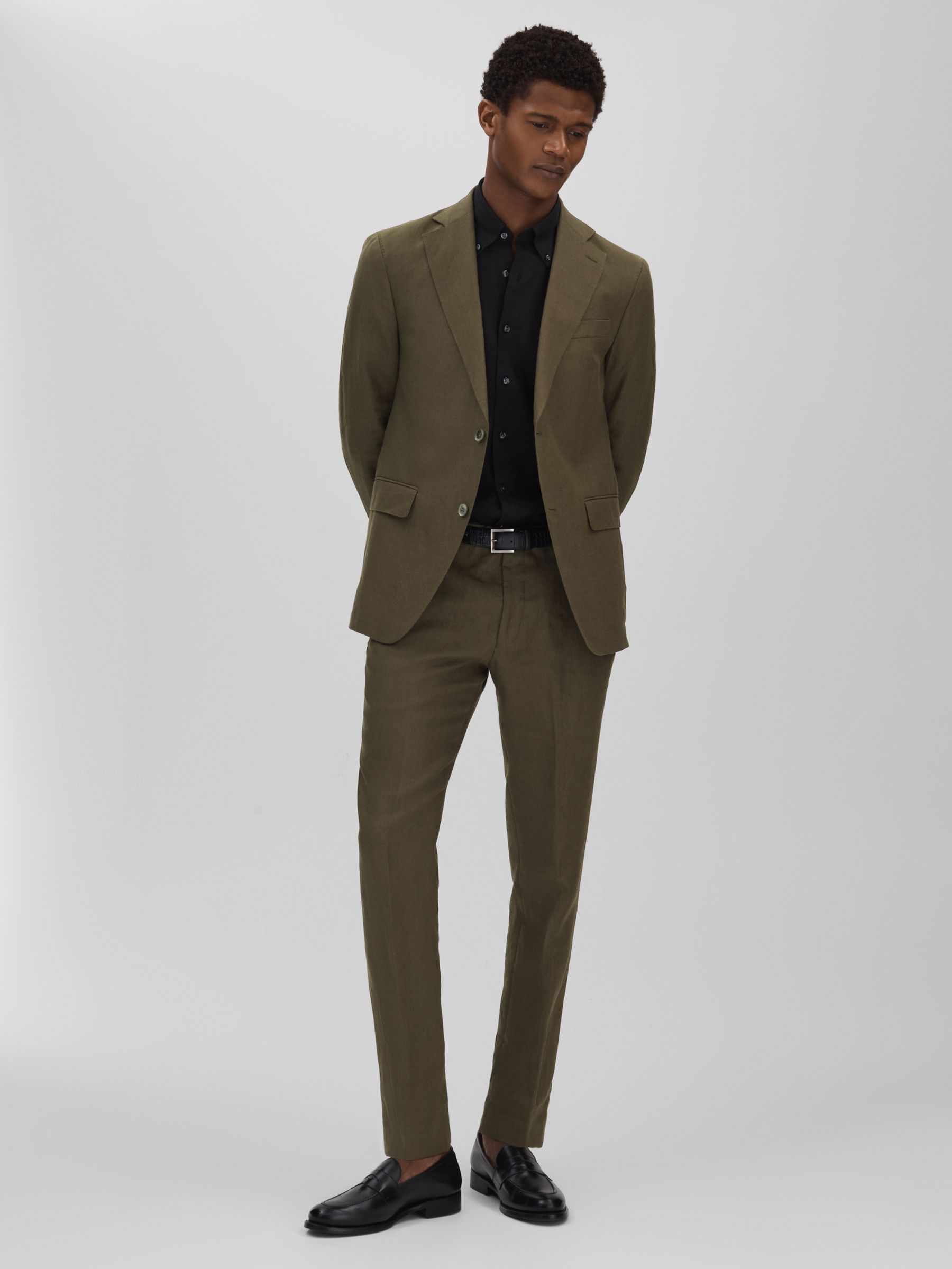Oscar Jacobson Slim Fit Cotton Trousers in Green - Image 3 of 5