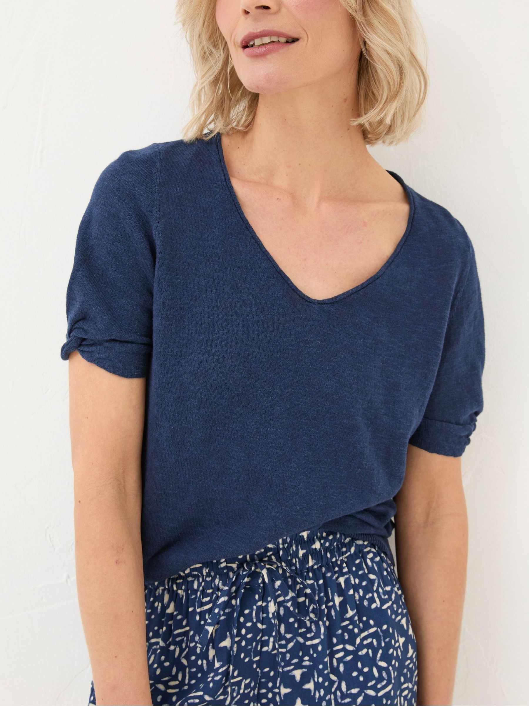 Blue Twisted Cuff Knit Cotton/Linen Blend T-Shirt - Image 2 of 5