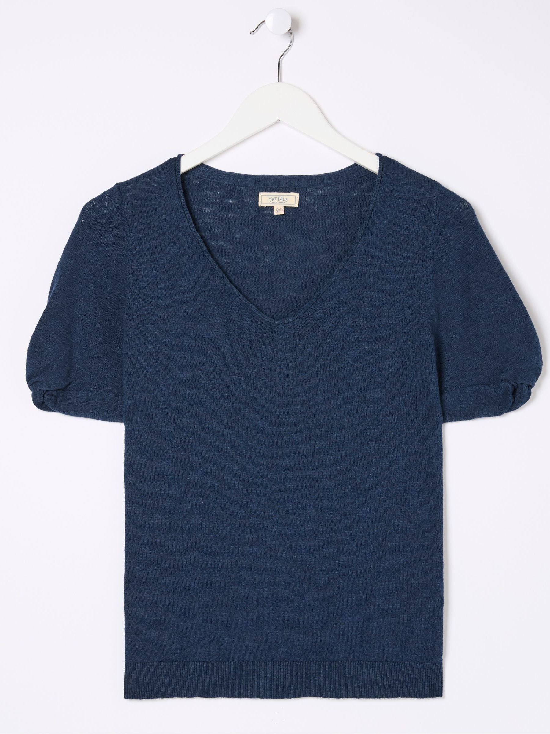 Blue Twisted Cuff Knit Cotton/Linen Blend T-Shirt - Image 5 of 5