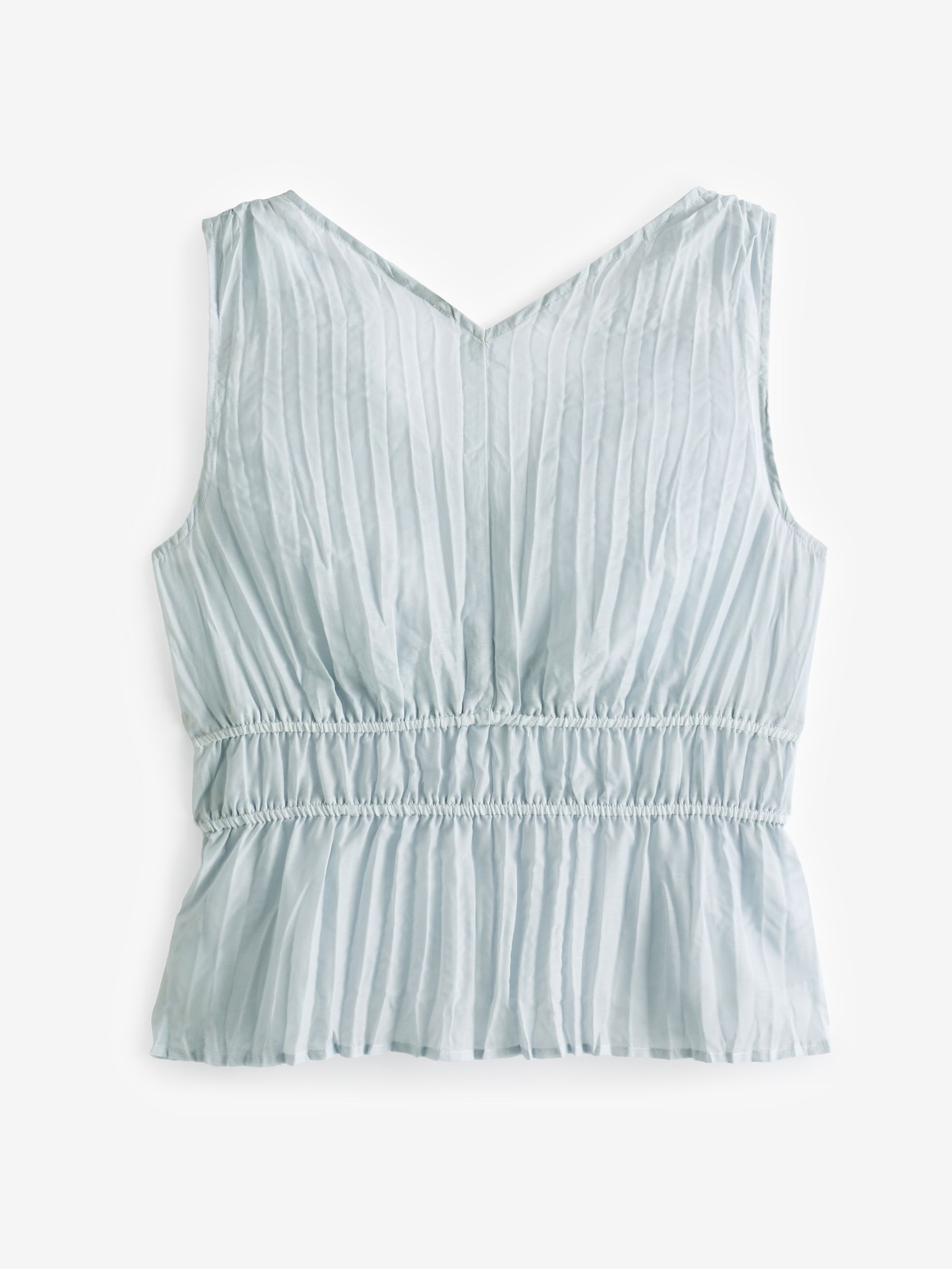 Grey Pleated V Neck Cinched Sleeveless Top - Image 2 of 5 Grey Pleated V Neck Cinched Sleeveless Top - Image 2 of 5