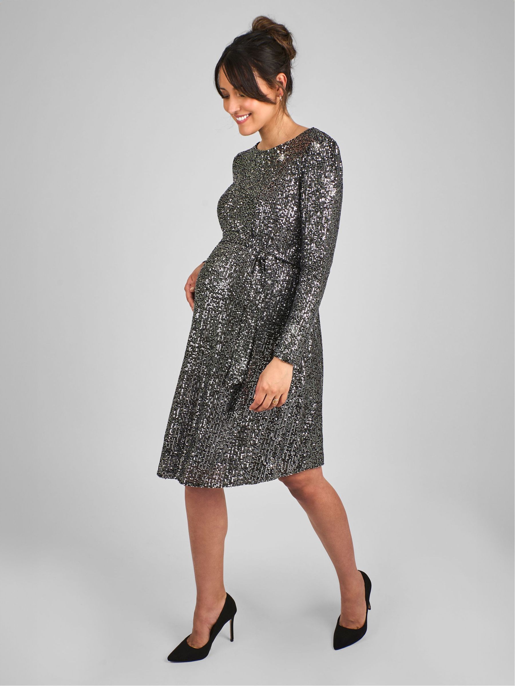 Silver Sequin Shift High Neck Maternity Mini Dress - Image 1 of 5