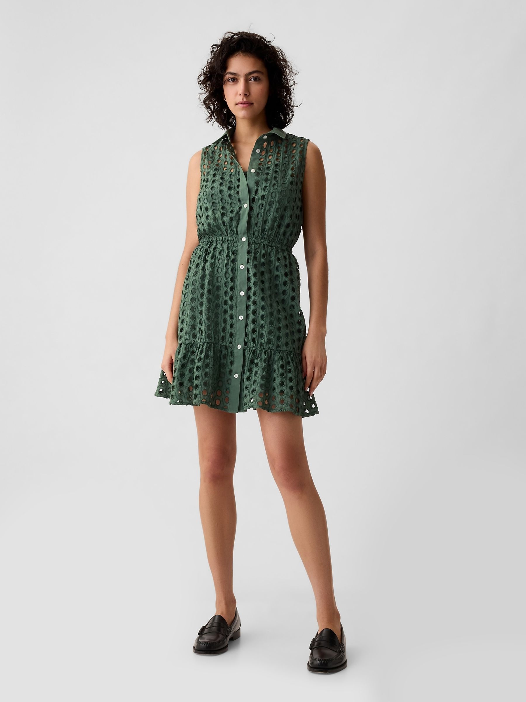 Green Eyelet Tiered Mini Dress - Image 3 of 5