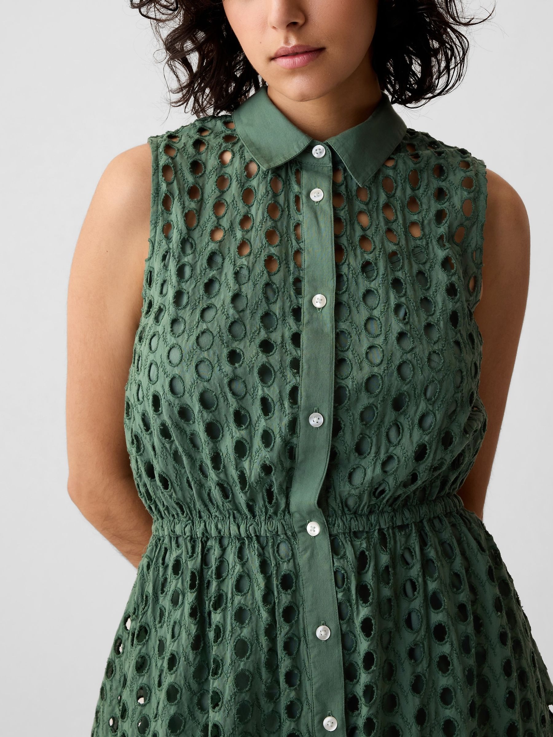 Green Eyelet Tiered Mini Dress - Image 4 of 5