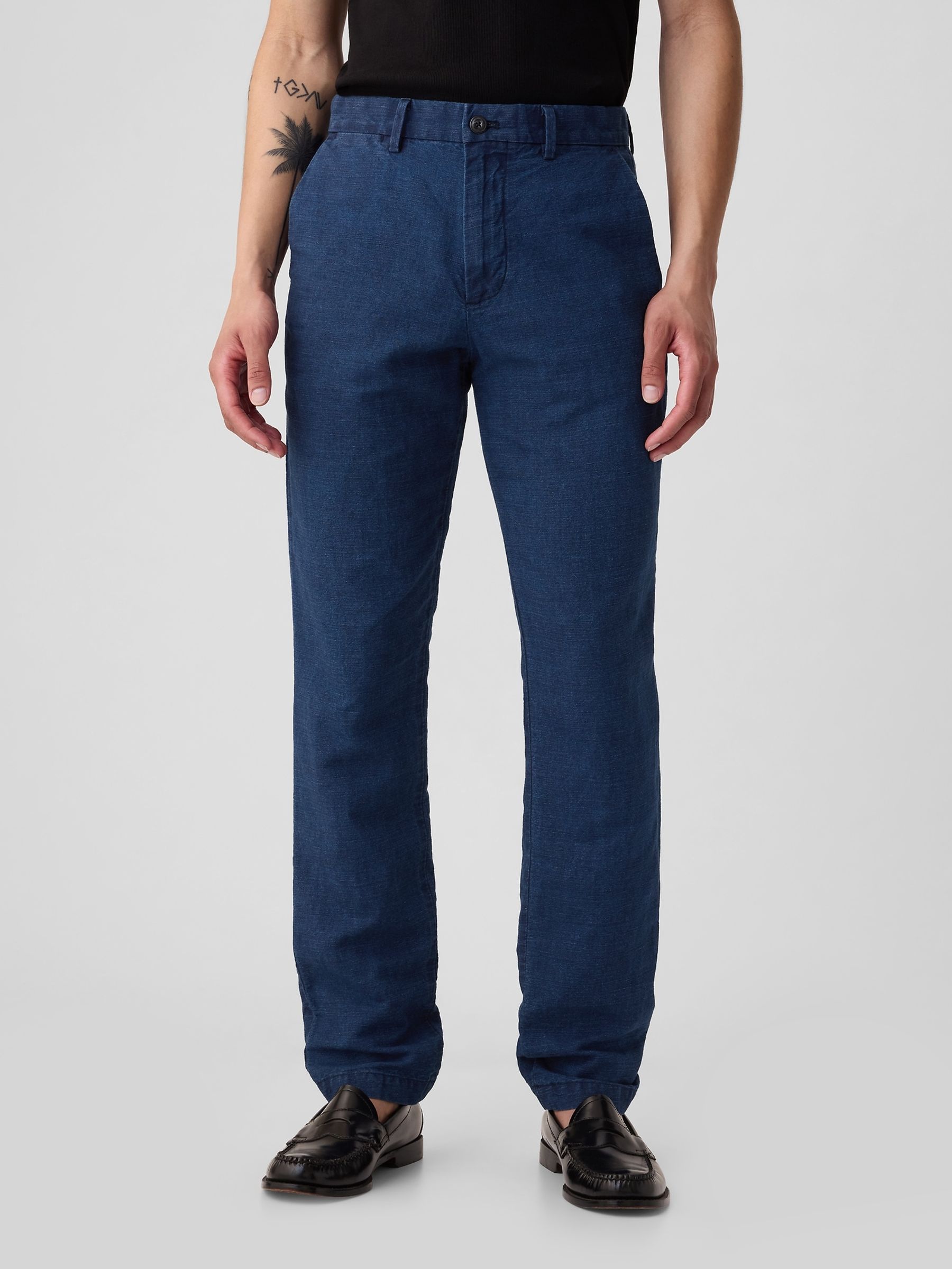 Navy/Blue Linen Blend Slim Fit Trousers - Image 1 of 4