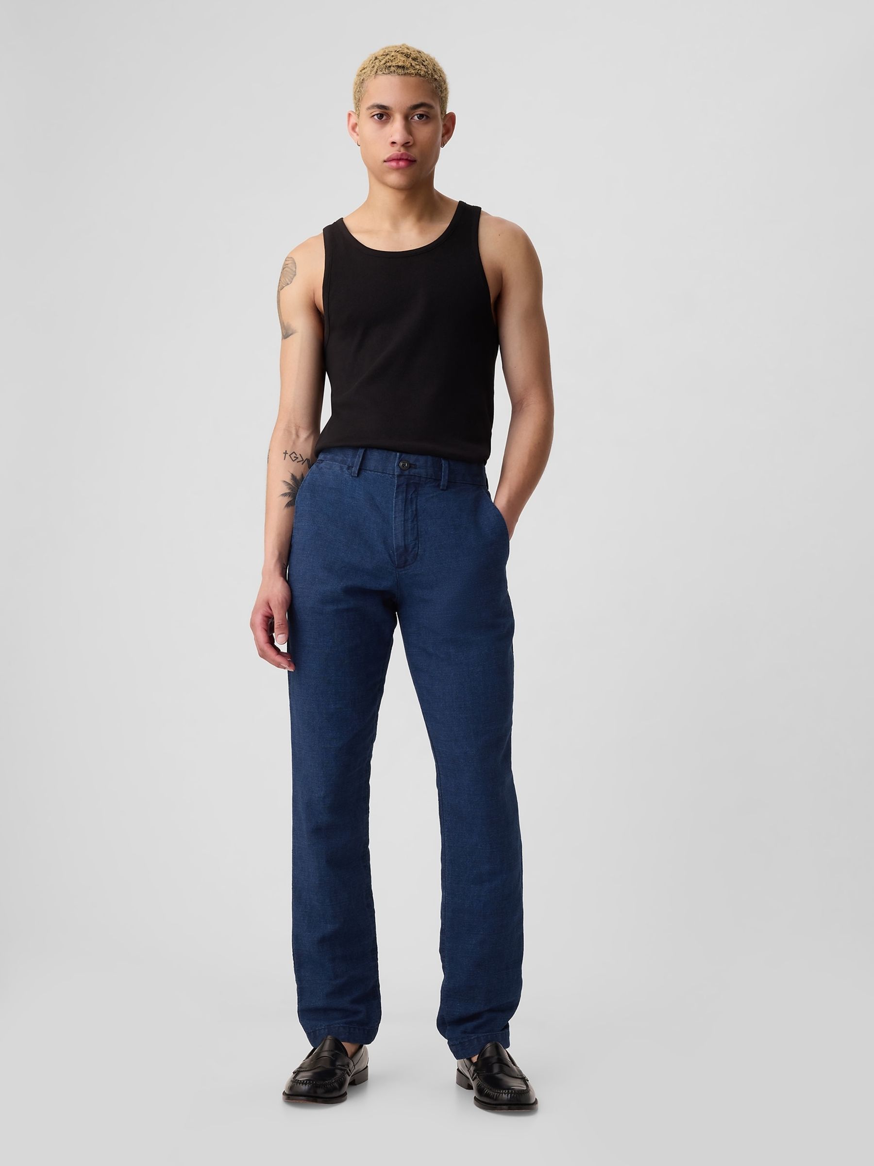 Navy/Blue Linen Blend Slim Fit Trousers - Image 4 of 4