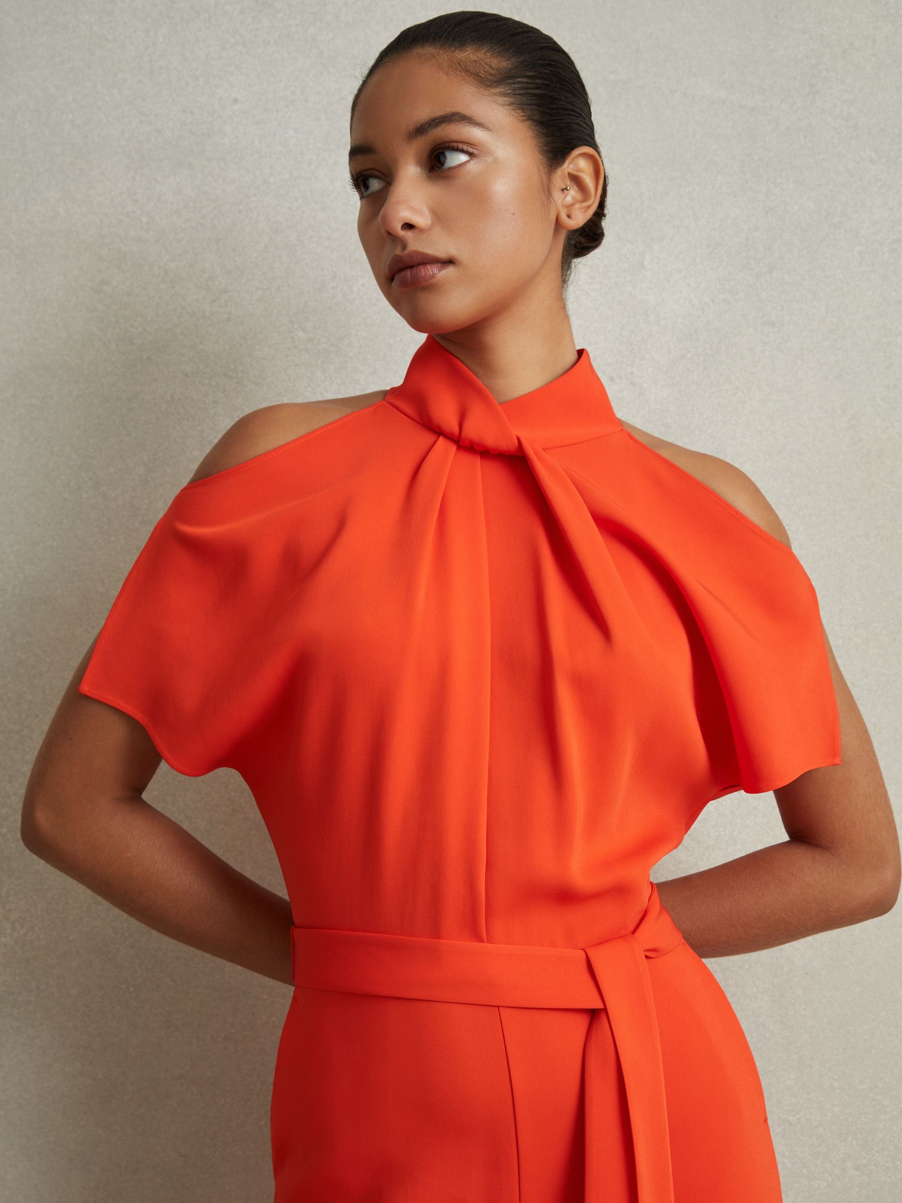Reiss Split Sleeve Twist Neck Jumpsuit in Orange - REISS