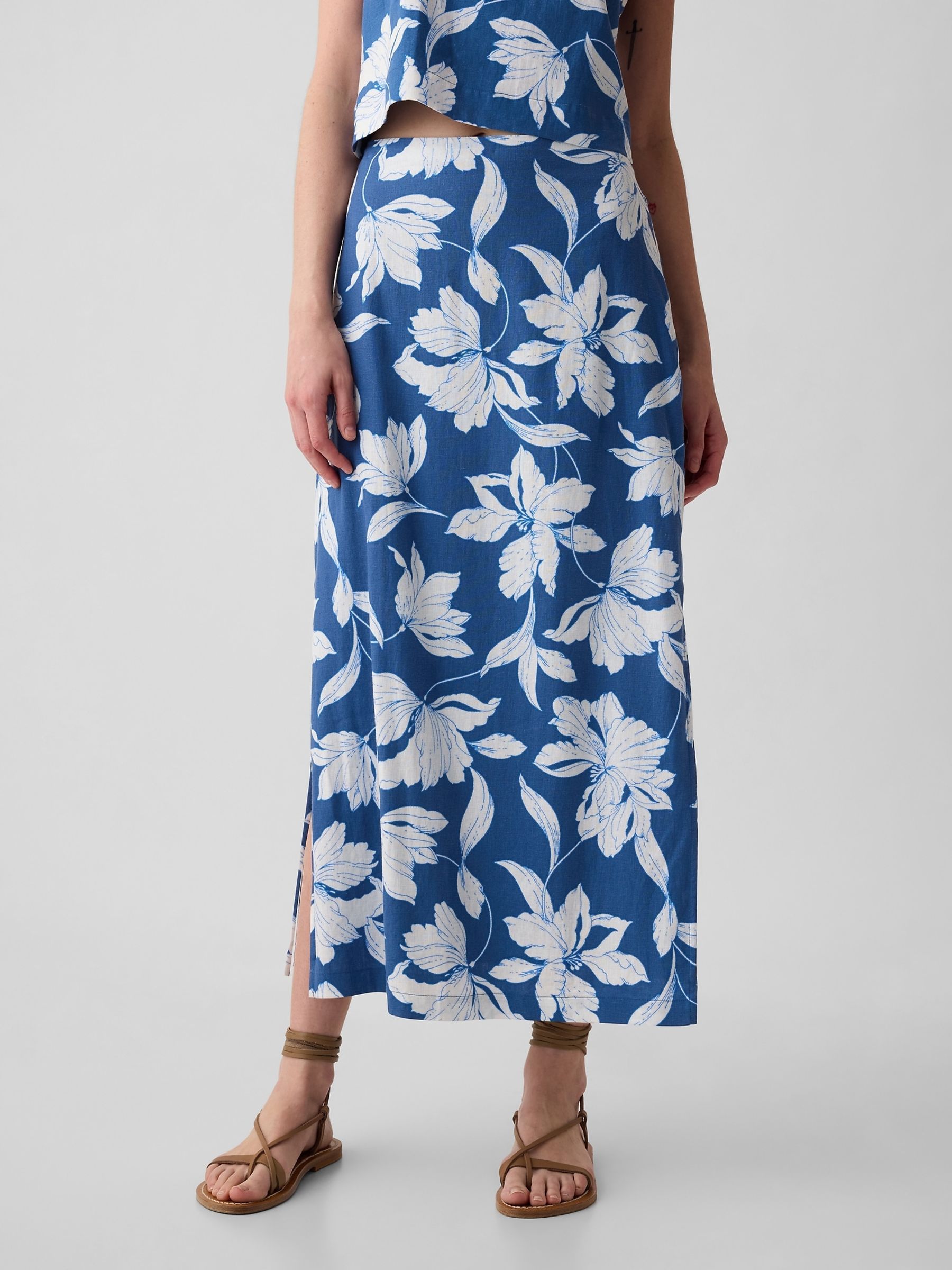 Blue Floral Linen Blend Maxi Skirt - Image 1 of 5