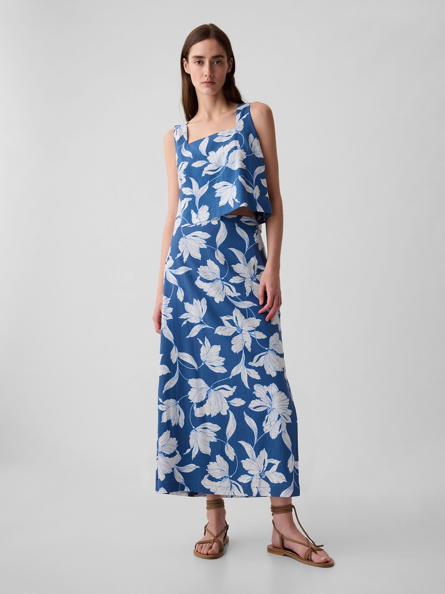 Blue Floral Linen Blend Maxi Skirt - Image 3 of 5