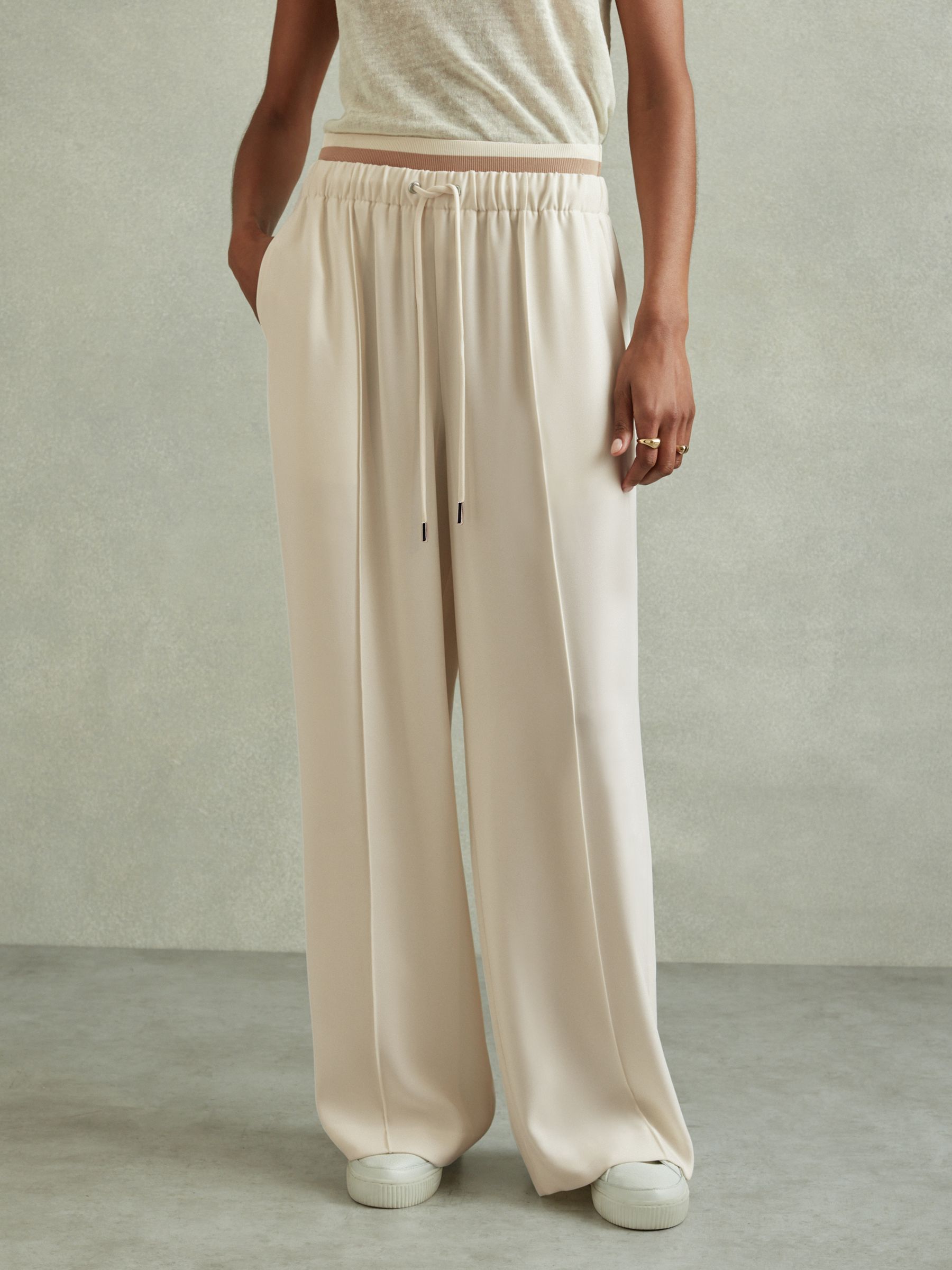 Petite Waistband Detail Wide Leg Trousers in Cream - Image 1 of 7