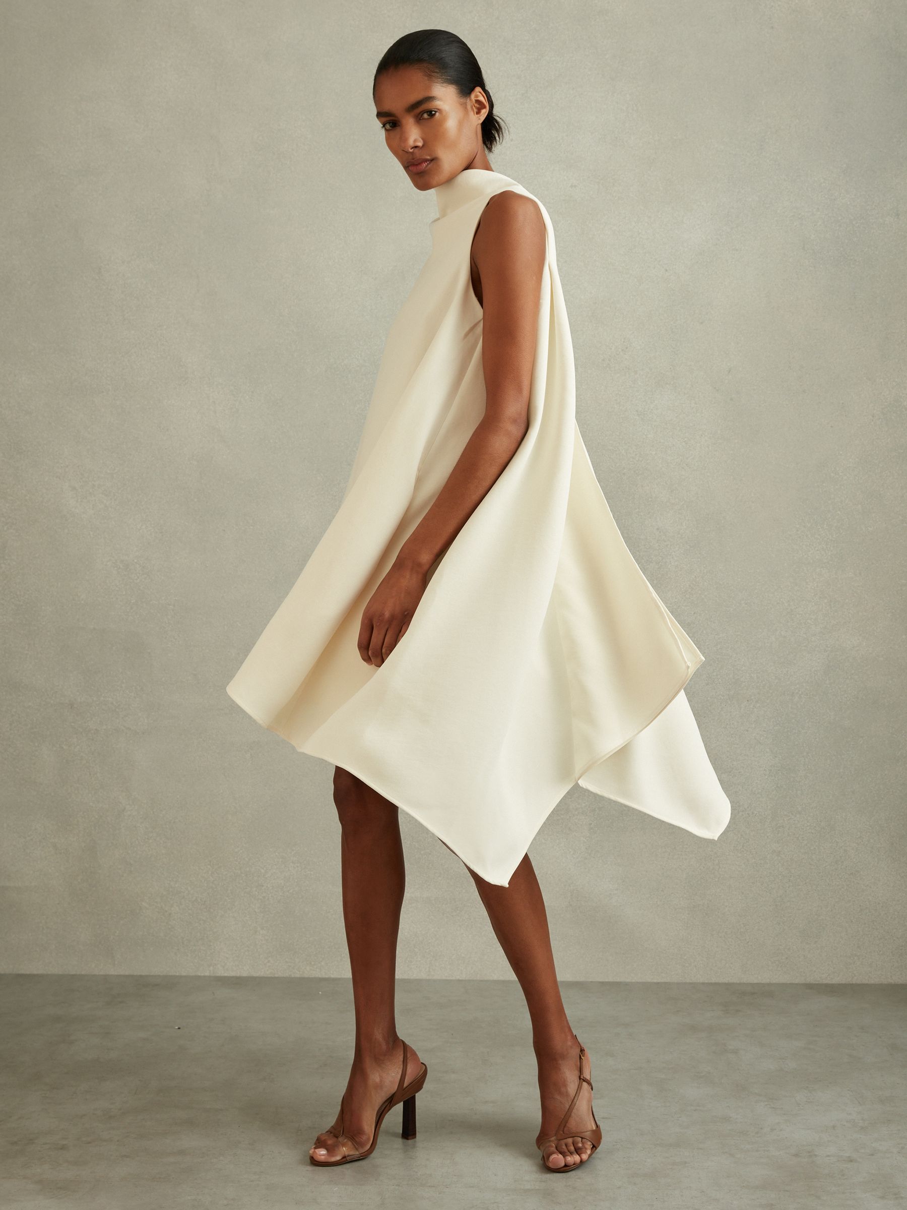 High-Neck Drape Back Mini Dress in Ivory - Image 4 of 6