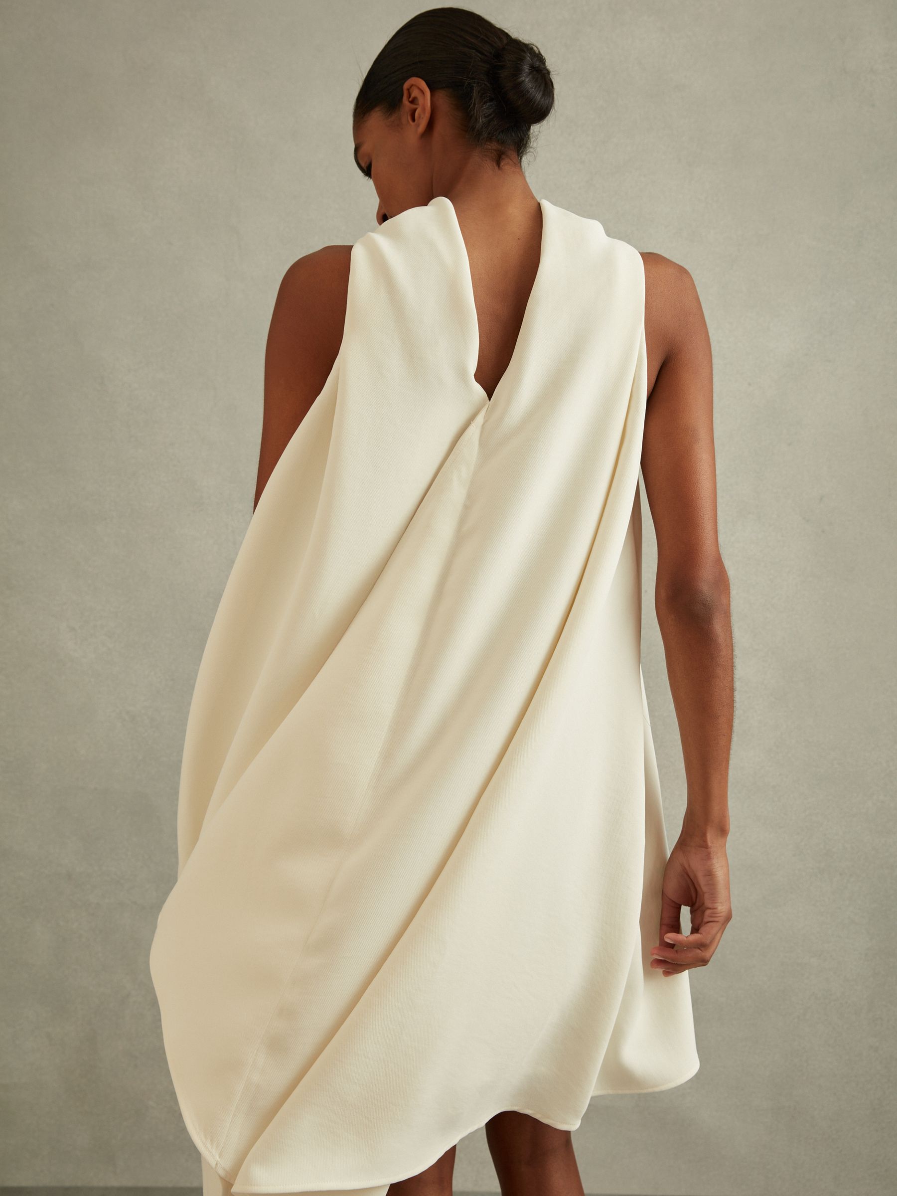 Reiss High-Neck Drape Back Mini Dress in Ivory | REISS