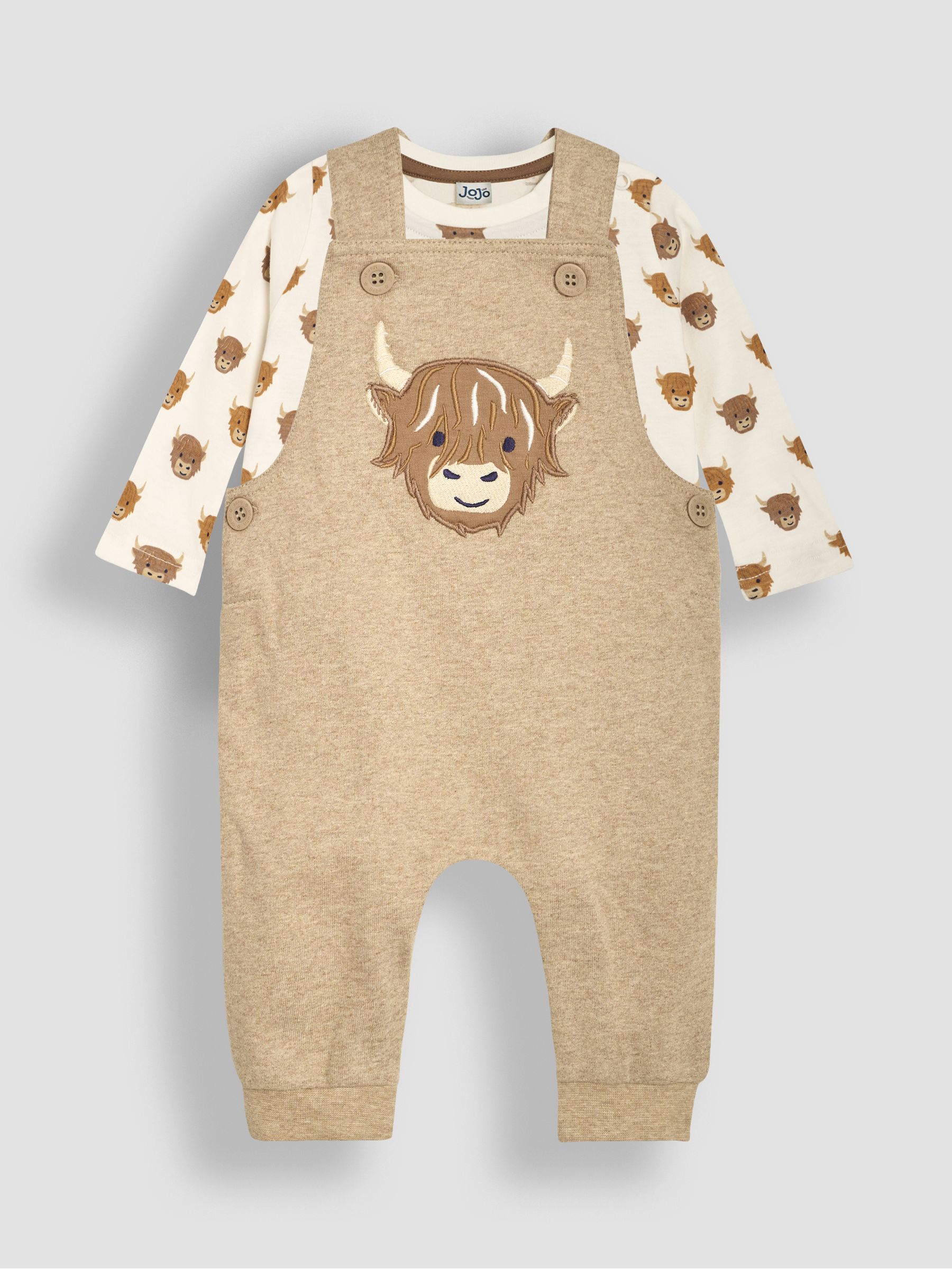 Mocha Brown Highland Cow Appliqué Dungarees & Top Set - Image 1 of 6
