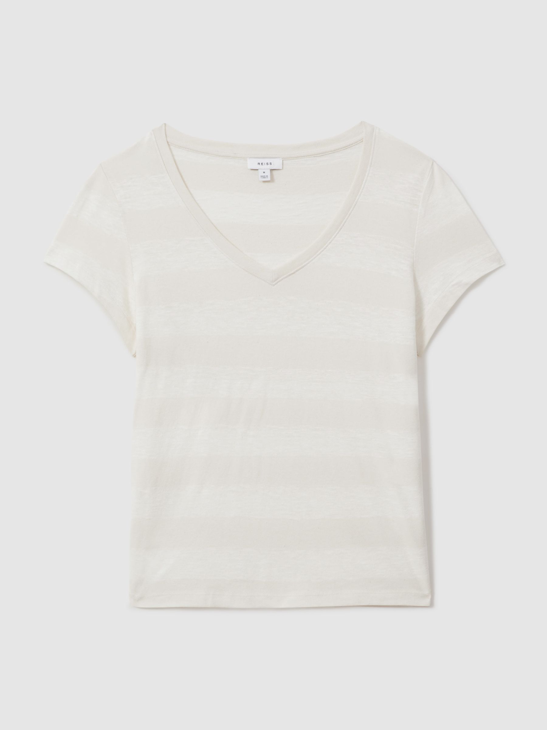 Linen-Cotton Striped V-Neck T-Shirt in Neutral/Ivory - Image 2 of 5