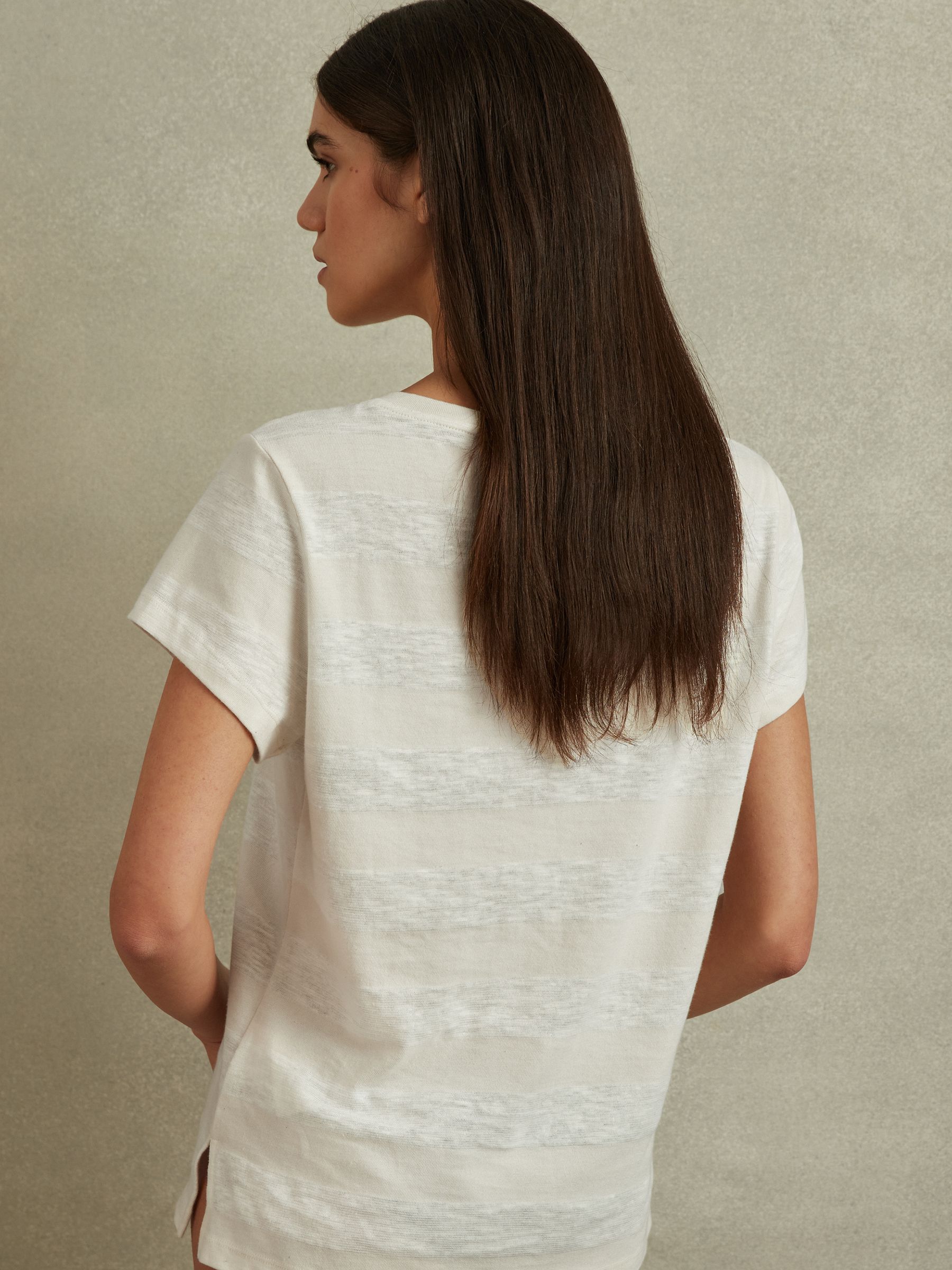 Linen-Cotton Striped V-Neck T-Shirt in Neutral/Ivory - Image 4 of 5