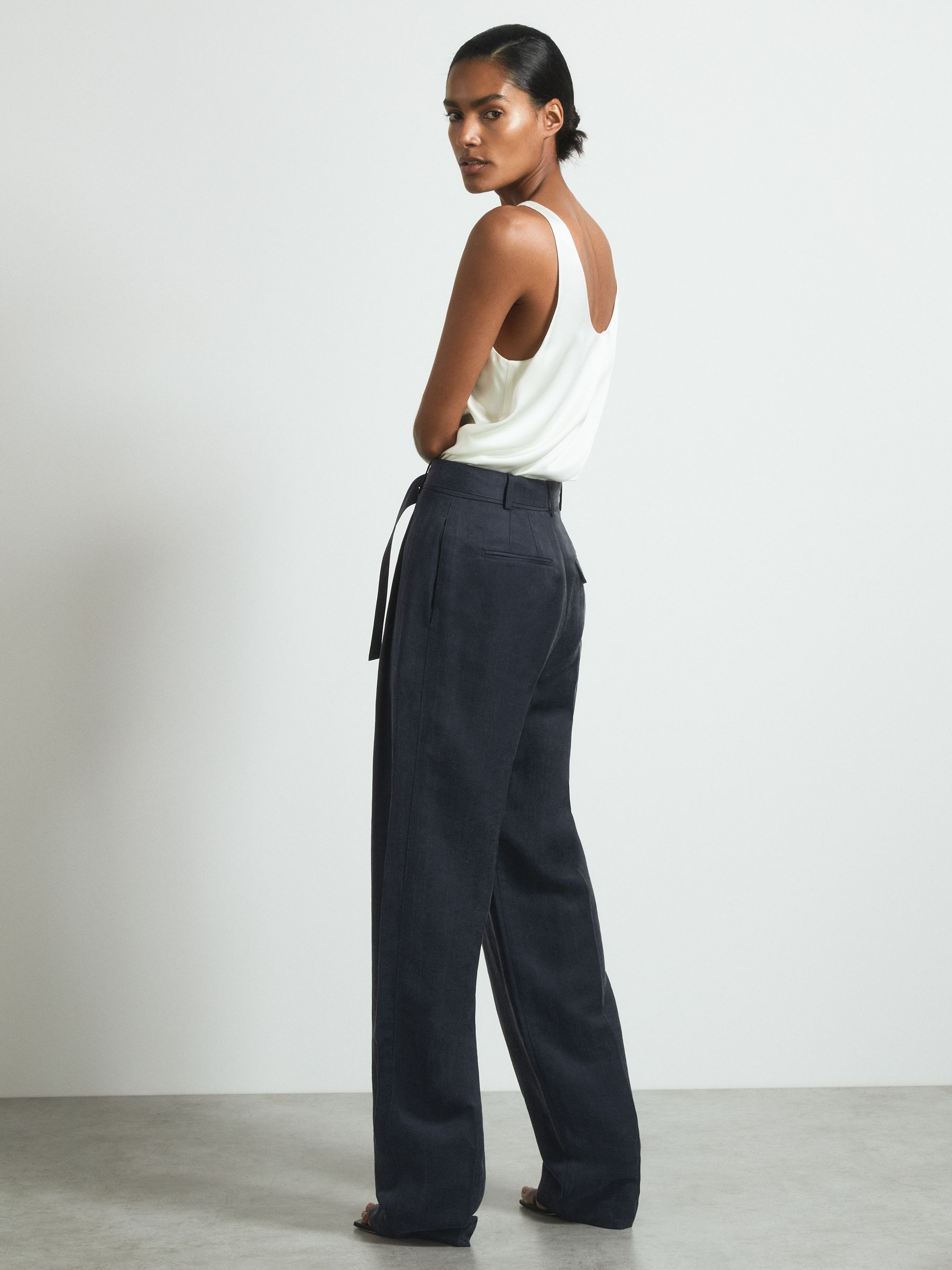 Atelier Cupro Belted Suit Trousers in Navy - Image 1 of 5