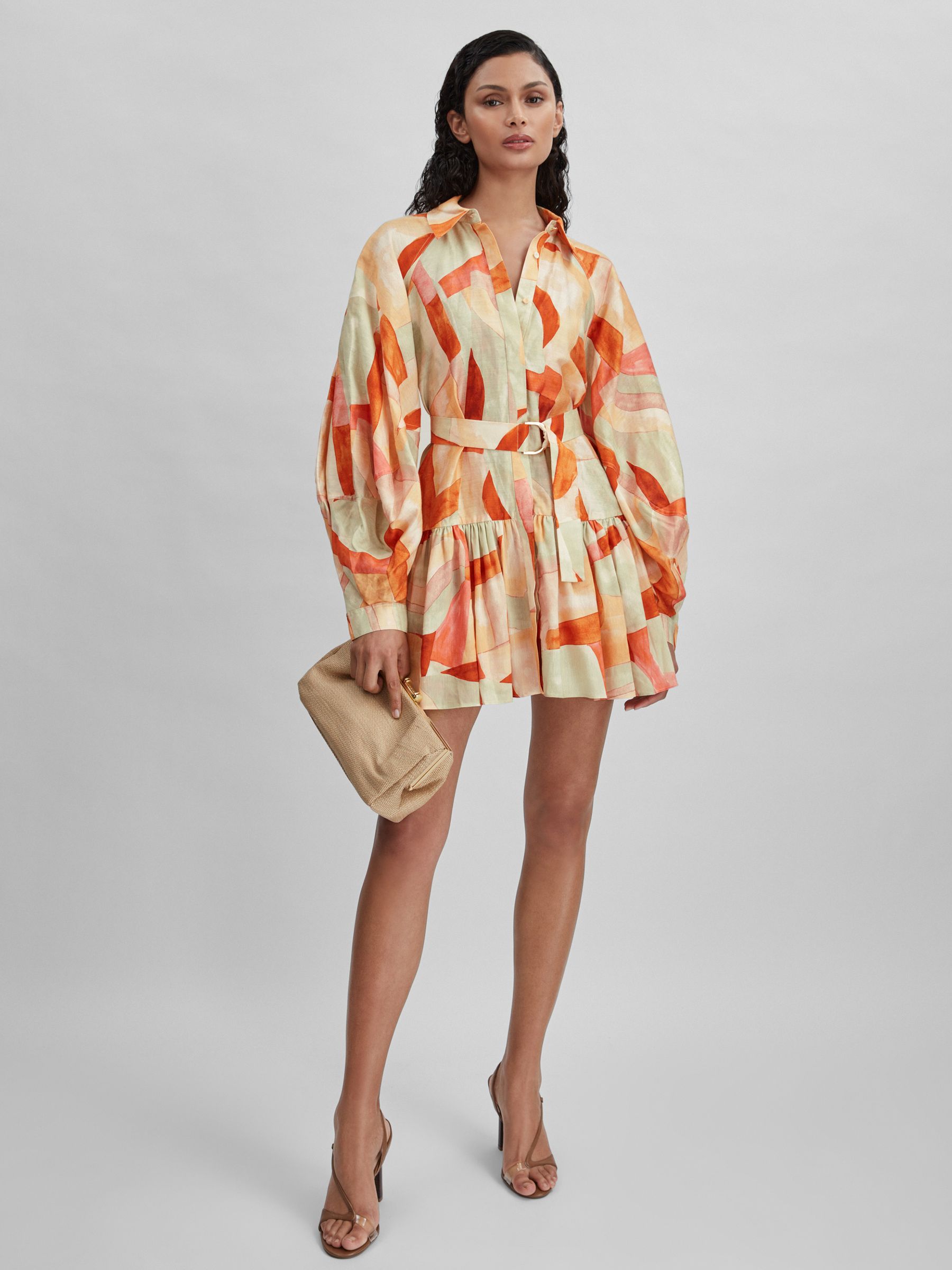 Acler Geometric Print Balloon Sleeve Mini Dress in Orange Multi - Image 1 of 5 Acler Geometric Print Balloon Sleeve Mini Dress in Orange Multi - Image 1 of 5