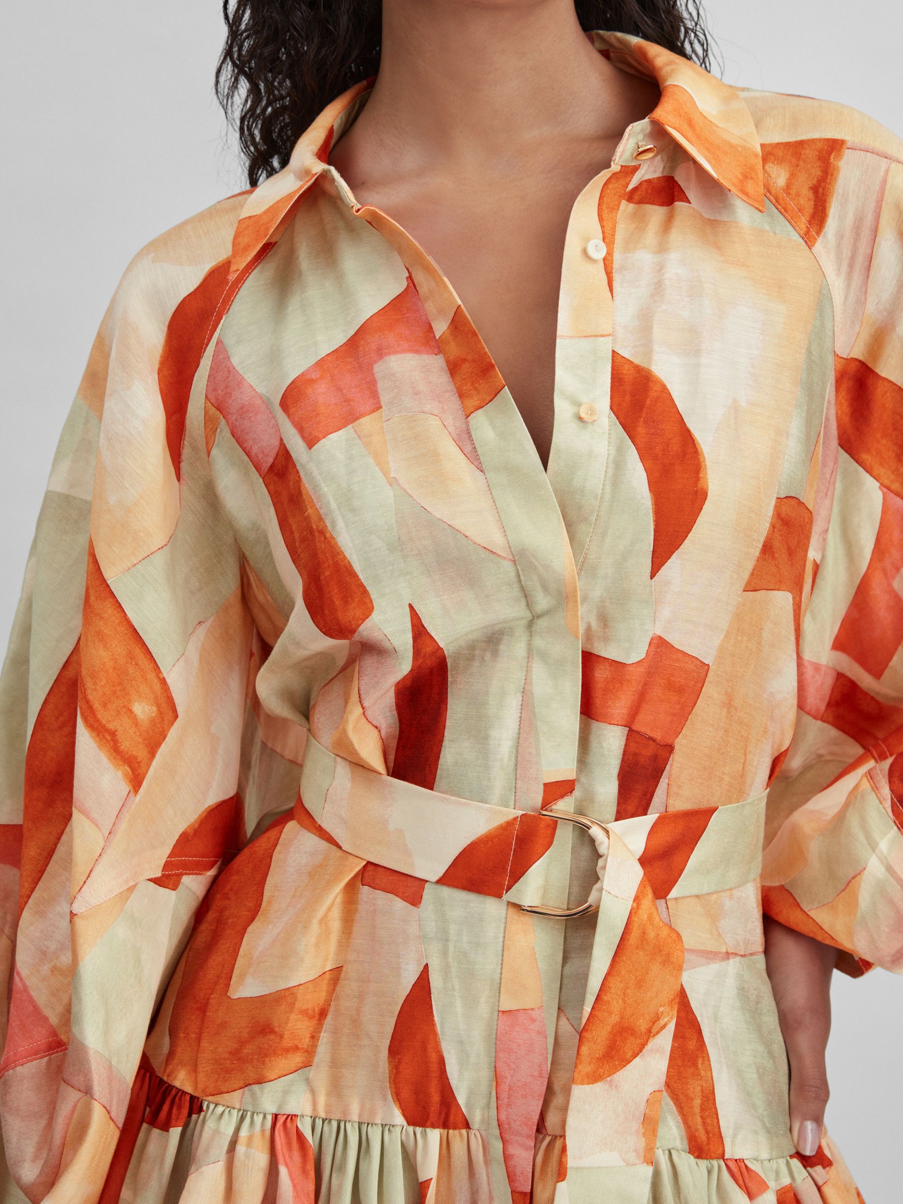 Acler Geometric Print Balloon Sleeve Mini Dress in Orange Multi - Image 3 of 5