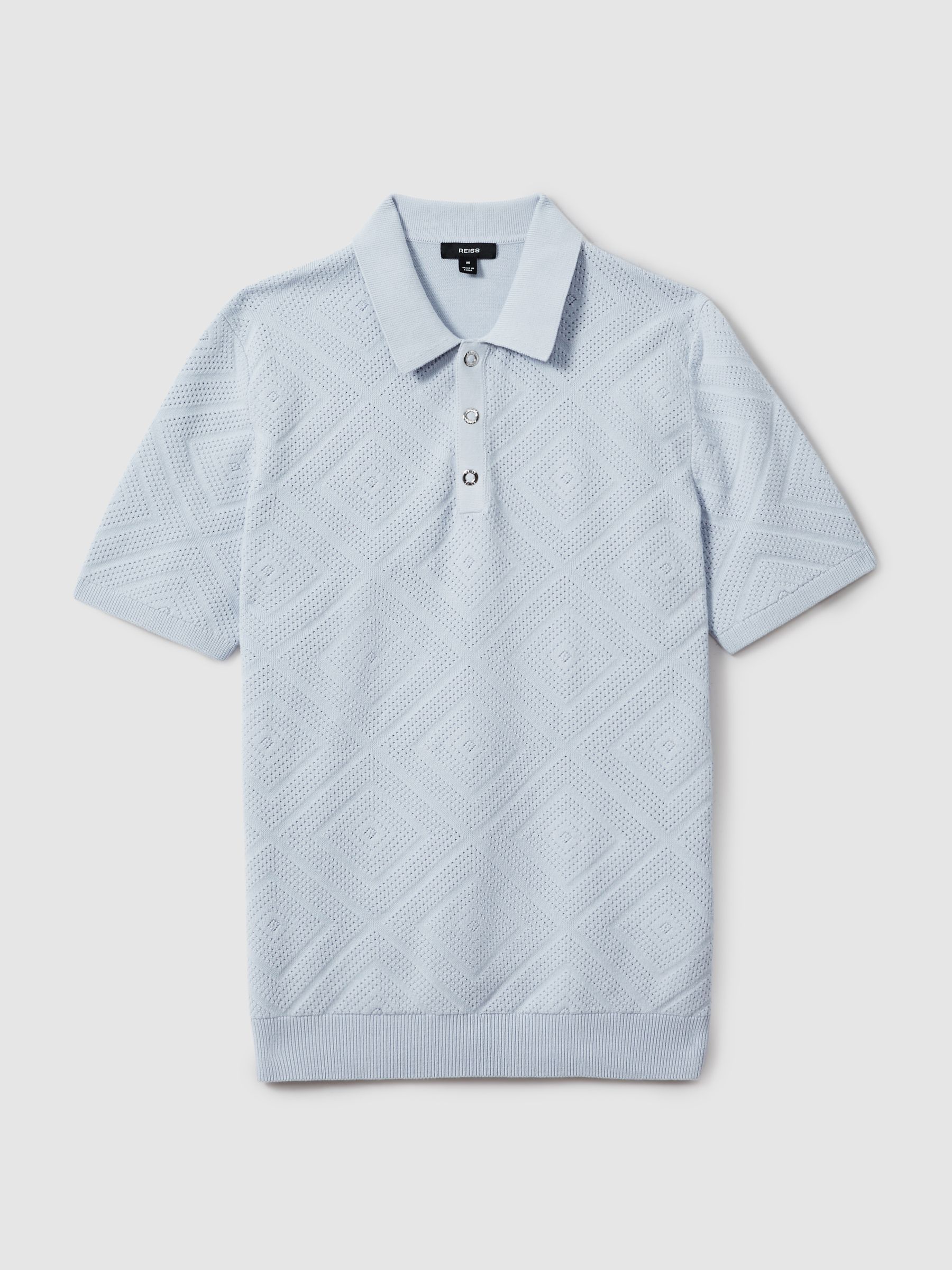 Cotton Textured Press-Stud Polo Shirt in Soft Blue - Image 2 of 5