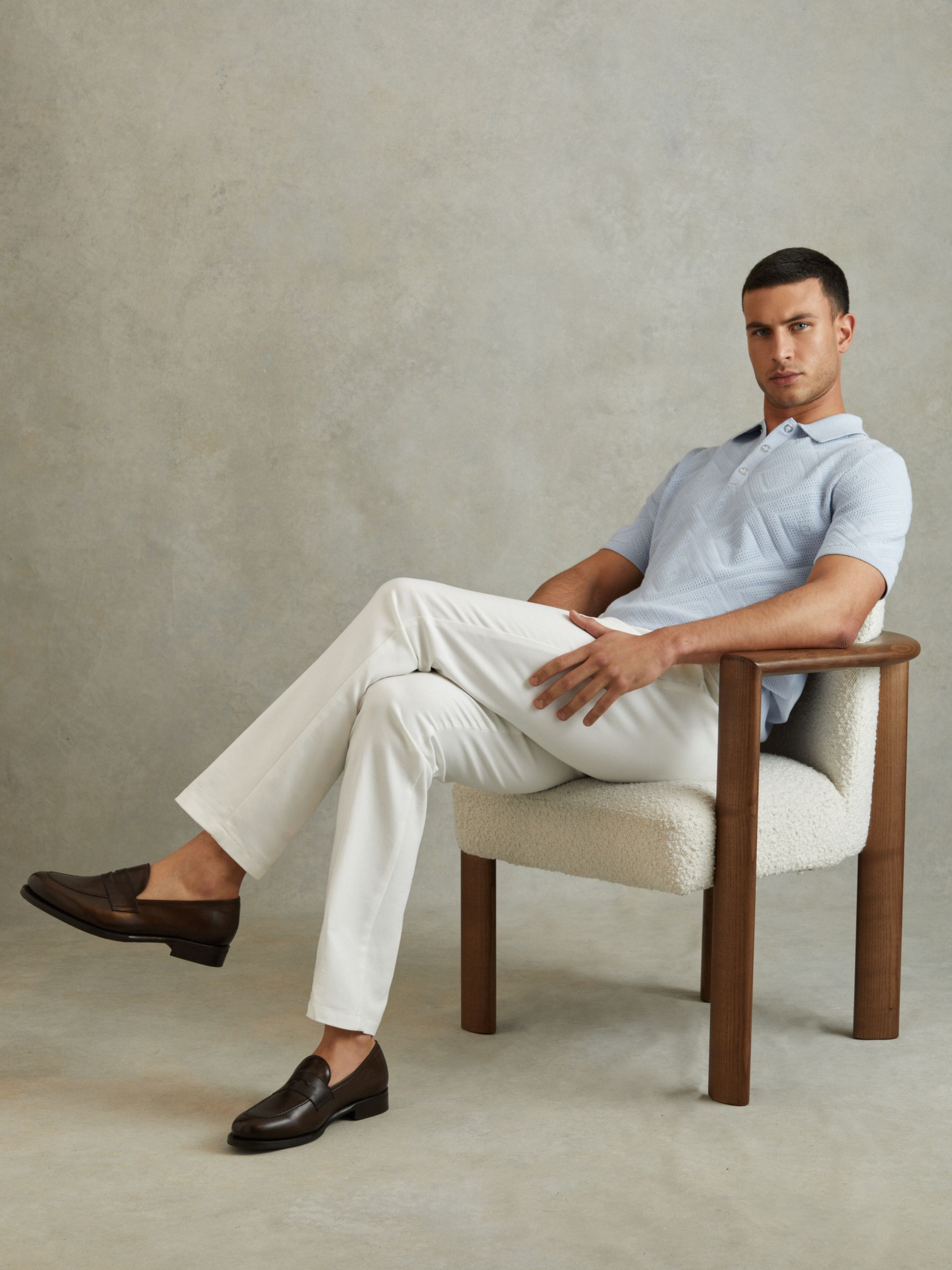 Cotton Textured Press-Stud Polo Shirt in Soft Blue - Image 3 of 5