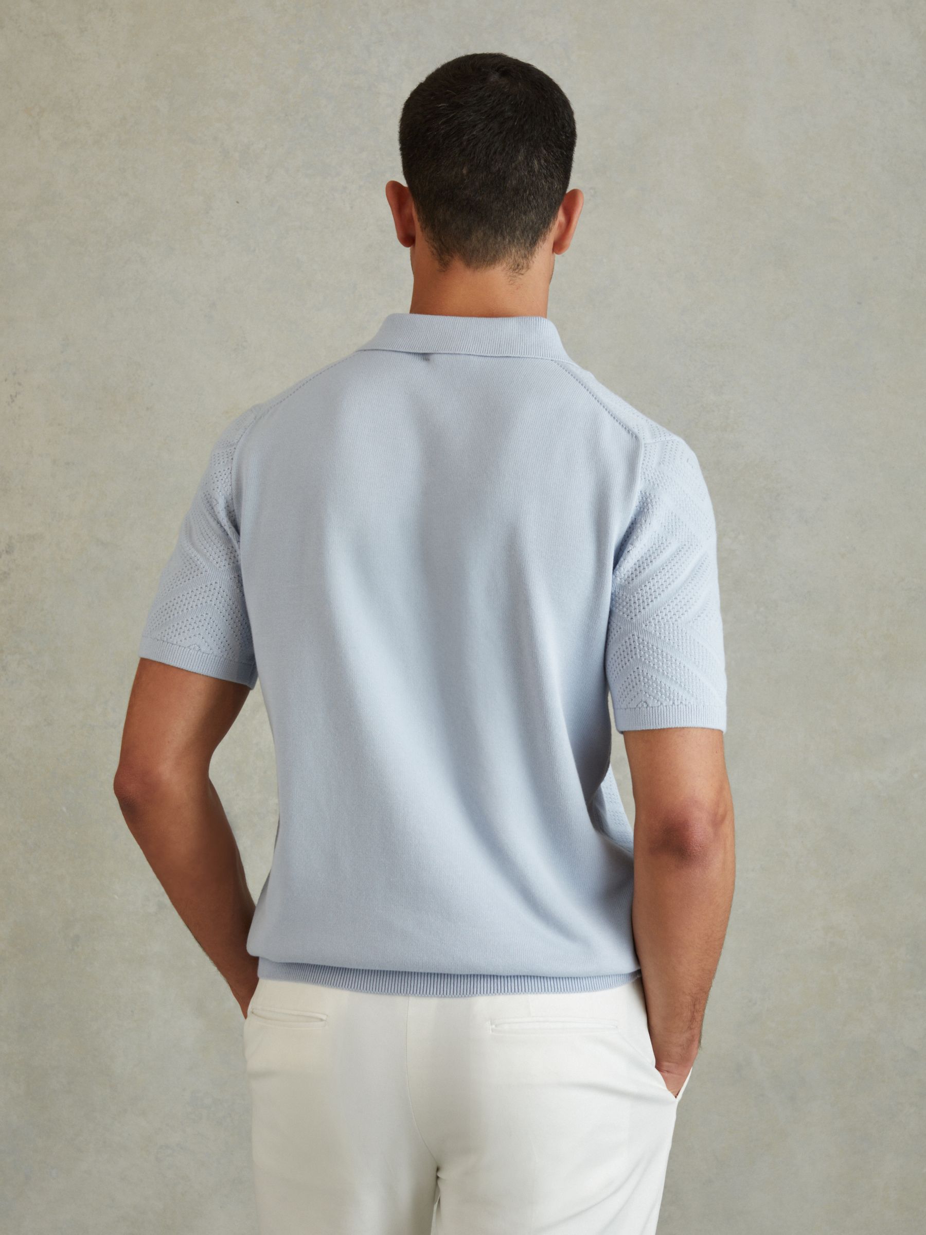 Cotton Textured Press-Stud Polo Shirt in Soft Blue - Image 4 of 5