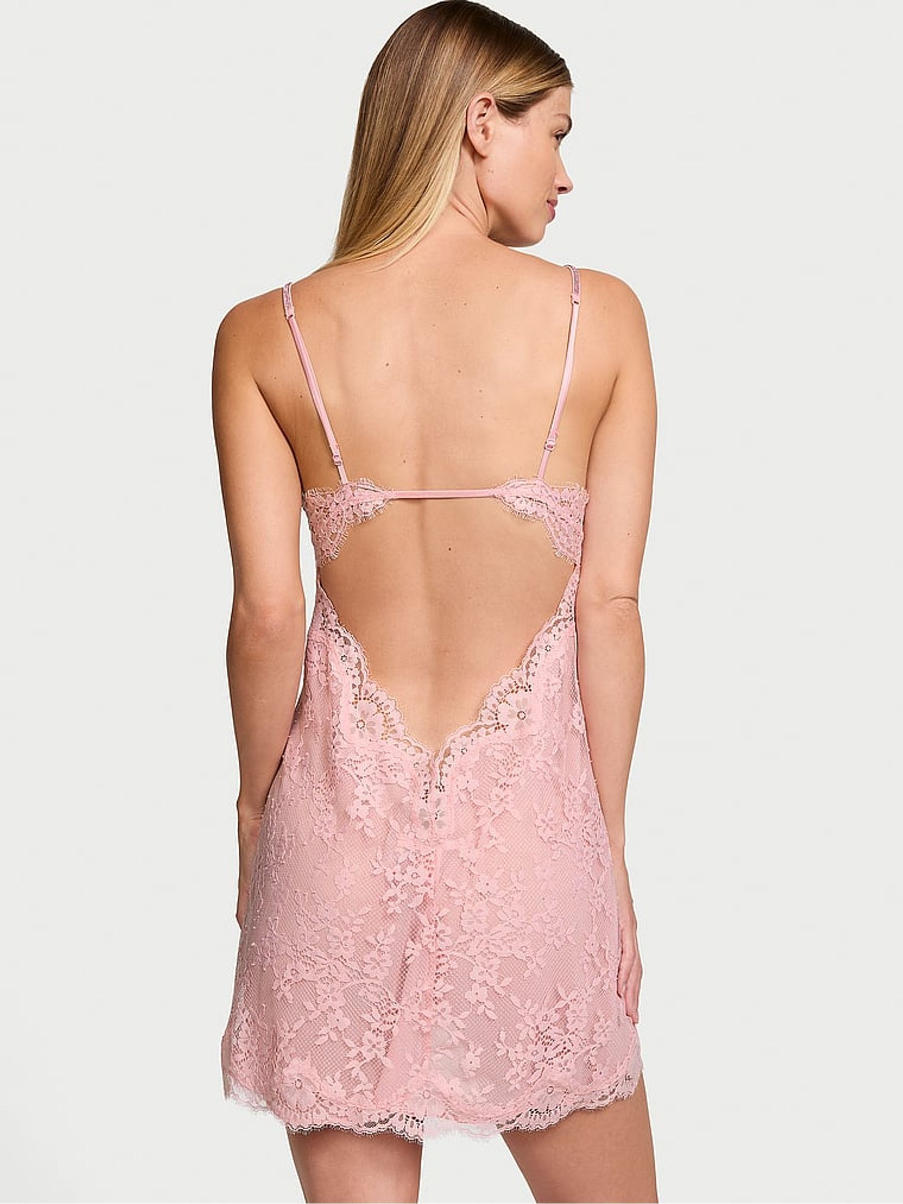 Chalk Rose Pink Twinkle Shine Strap Lace Slip Dress - Image 2 of 3