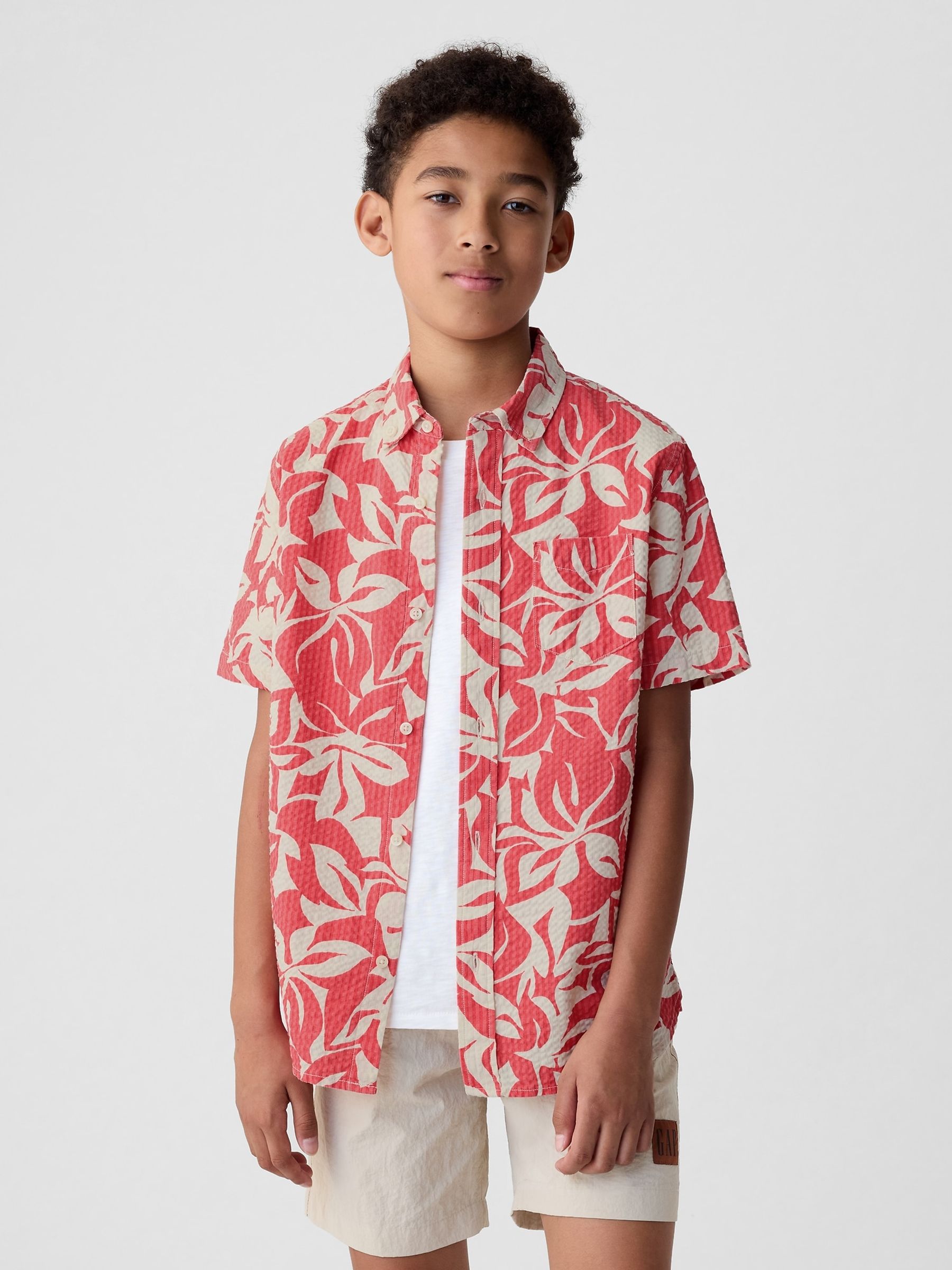 Red Cotton Floral Short Sleeve Shirt (4-13yrs) - Image 1 of 5