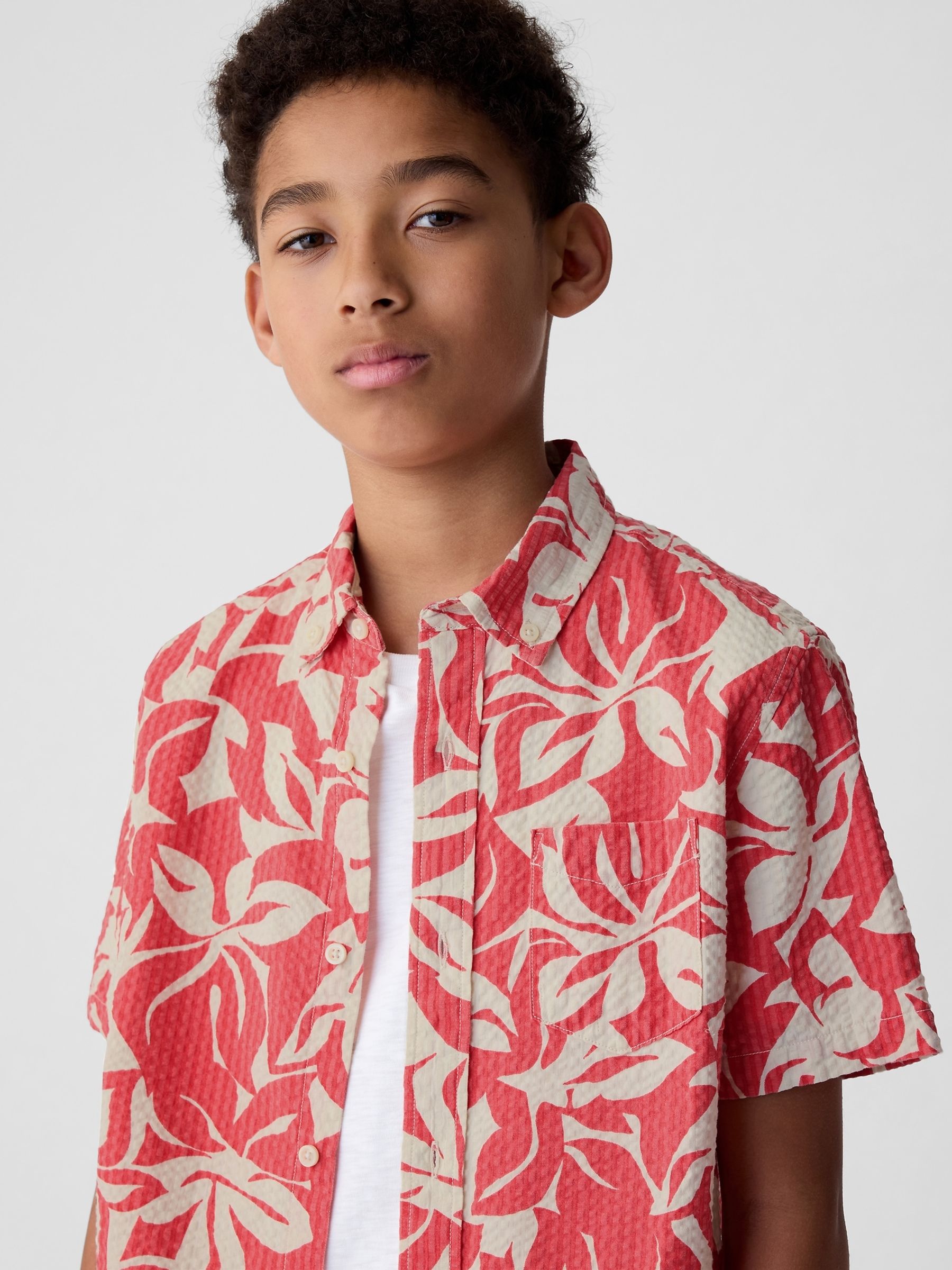 Red Cotton Floral Short Sleeve Shirt (4-13yrs) - Image 4 of 5