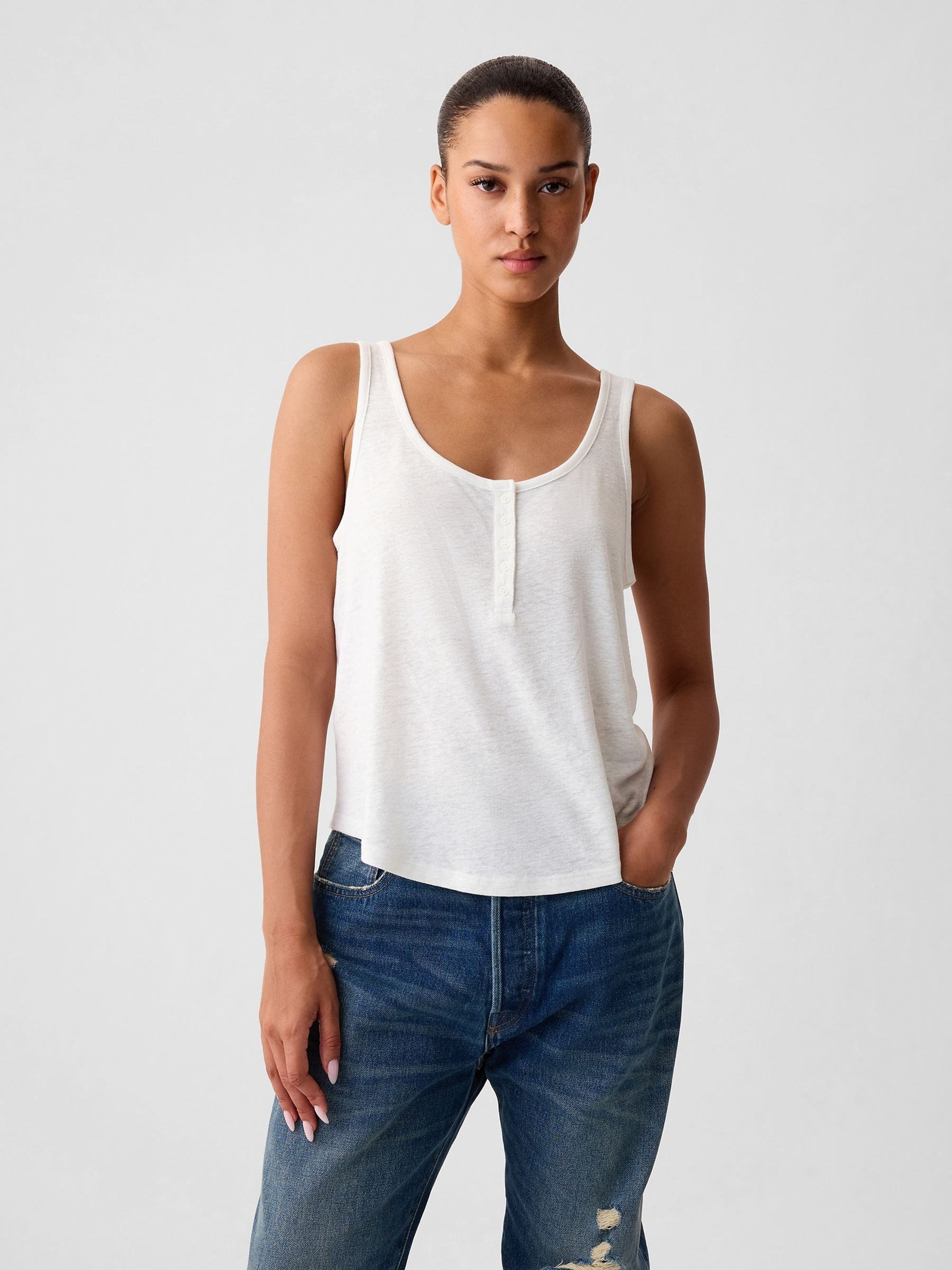 White Linen Blend Sleeveless Henley Vest Top - Image 1 of 4