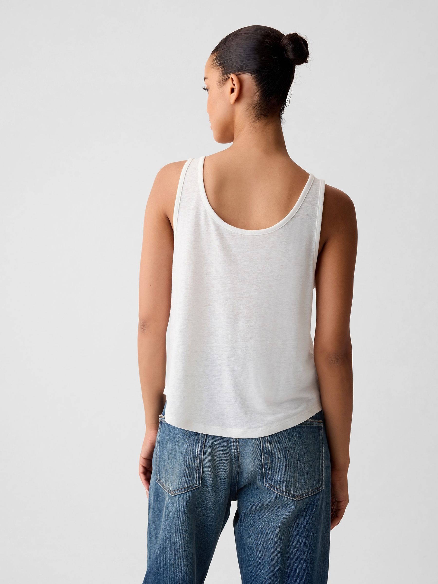 White Linen Blend Sleeveless Henley Vest Top - Image 2 of 4