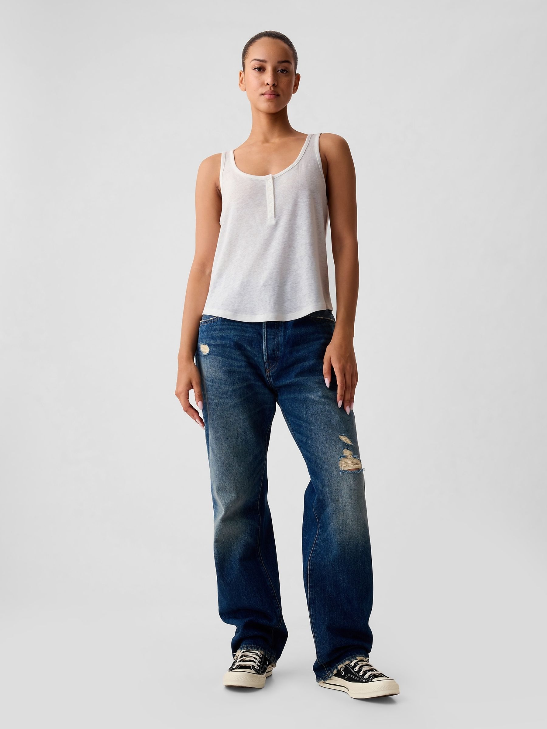 White Linen Blend Sleeveless Henley Vest Top - Image 3 of 4